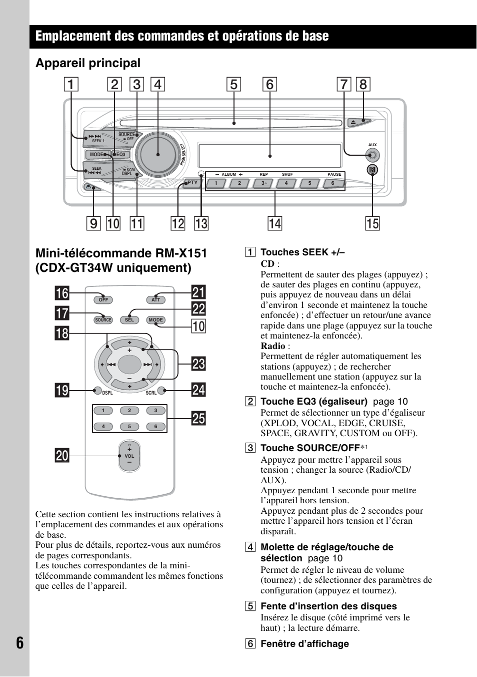 Emplacement des commandes et opérations de base, Appareil principal, Mini-télécommande rm-x151 (cdx-gt34w uniquement) | Qj ws q; qh wf qk ql wa w; wg wd | Sony CDX-GT34W User Manual | Page 22 / 56