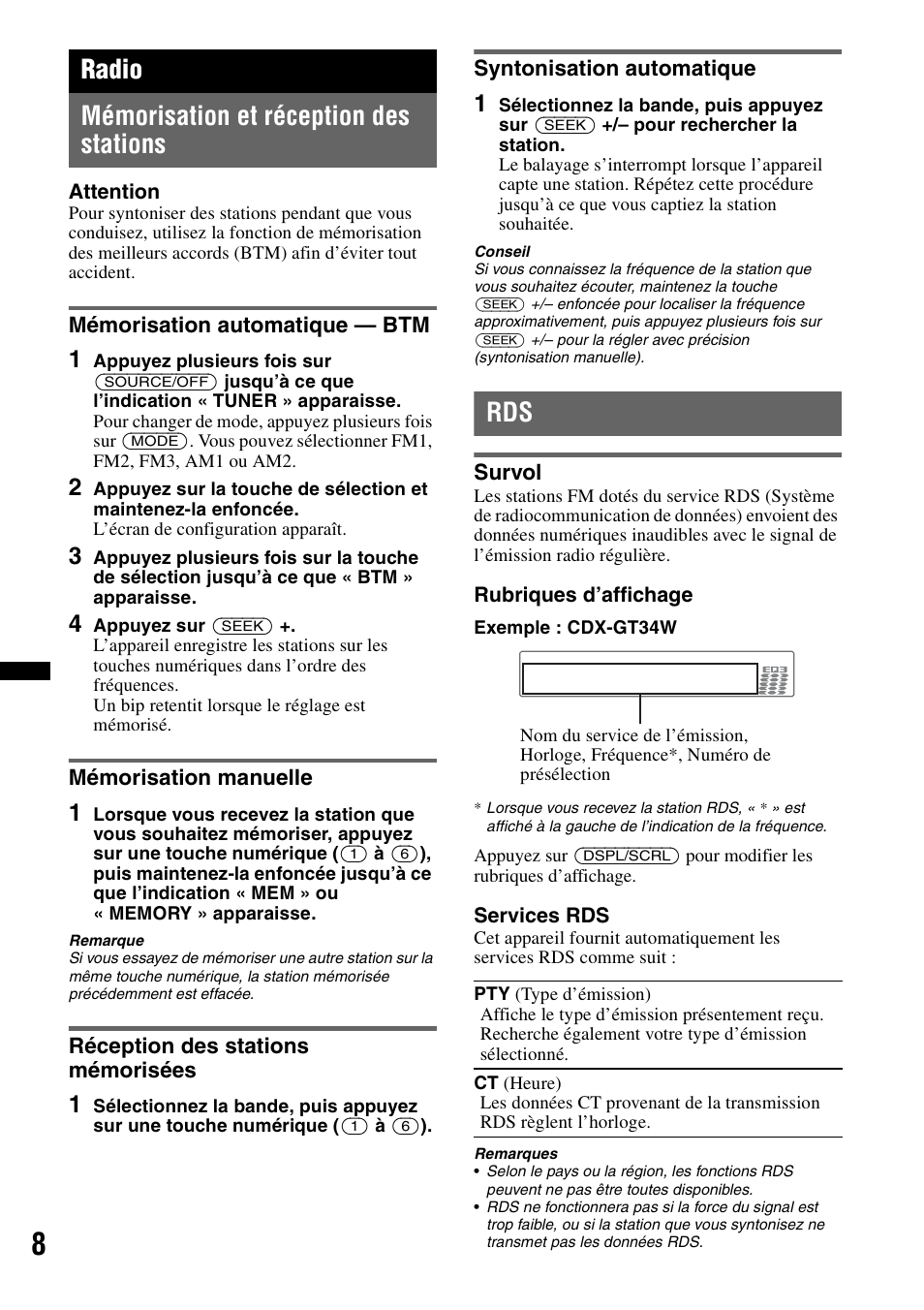 Radio, Mémorisation et réception des stations, Mémorisation automatique — btm | Mémorisation manuelle, Réception des stations mémorisées, Syntonisation automatique, Survol, Radio mémorisation et réception des stations | Sony CDX-GT34W User Manual | Page 24 / 56