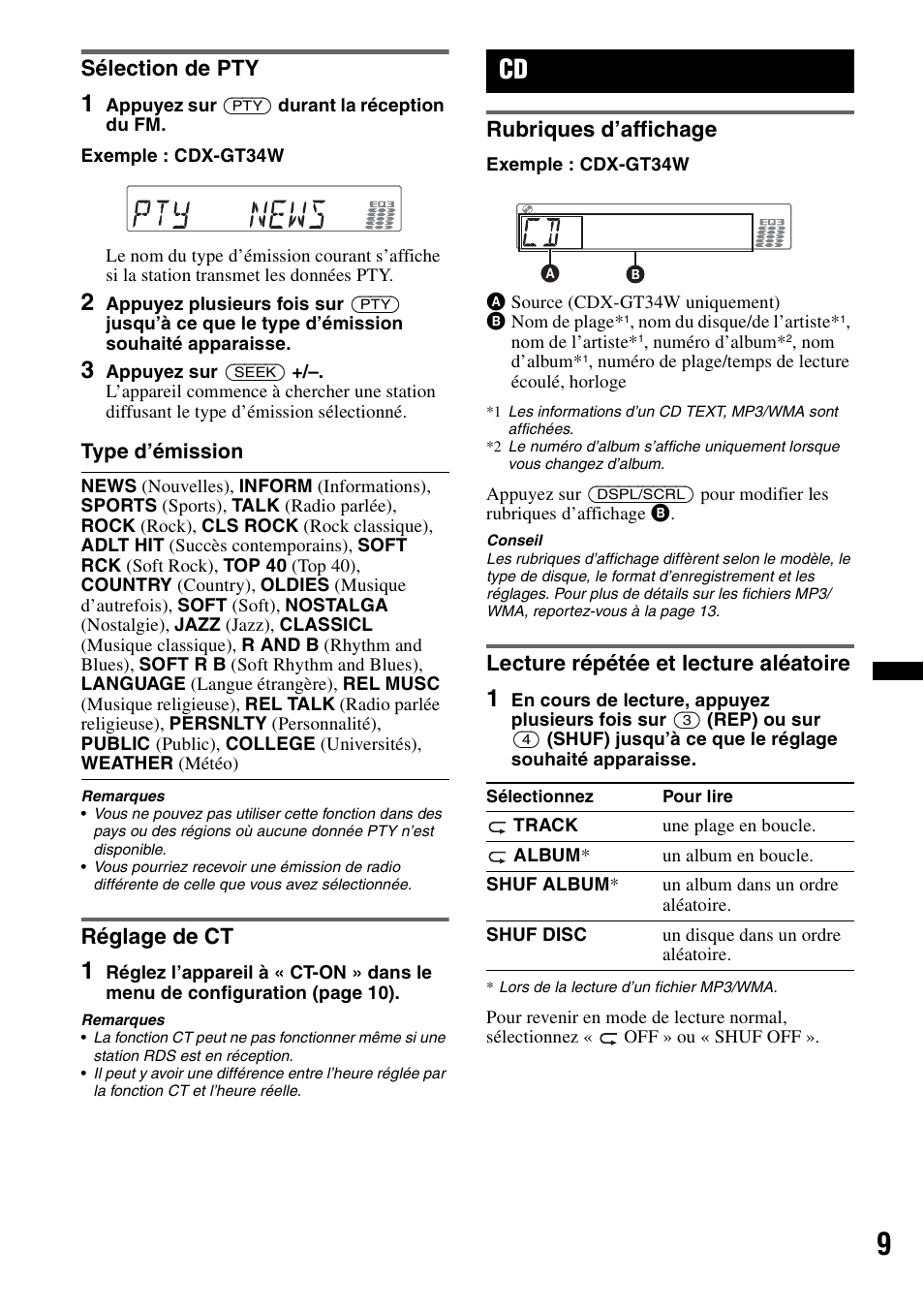 Sélection de pty, Réglage de ct, Rubriques d’affichage | Lecture répétée et lecture aléatoire, Sélection de pty réglage de ct | Sony CDX-GT34W User Manual | Page 25 / 56