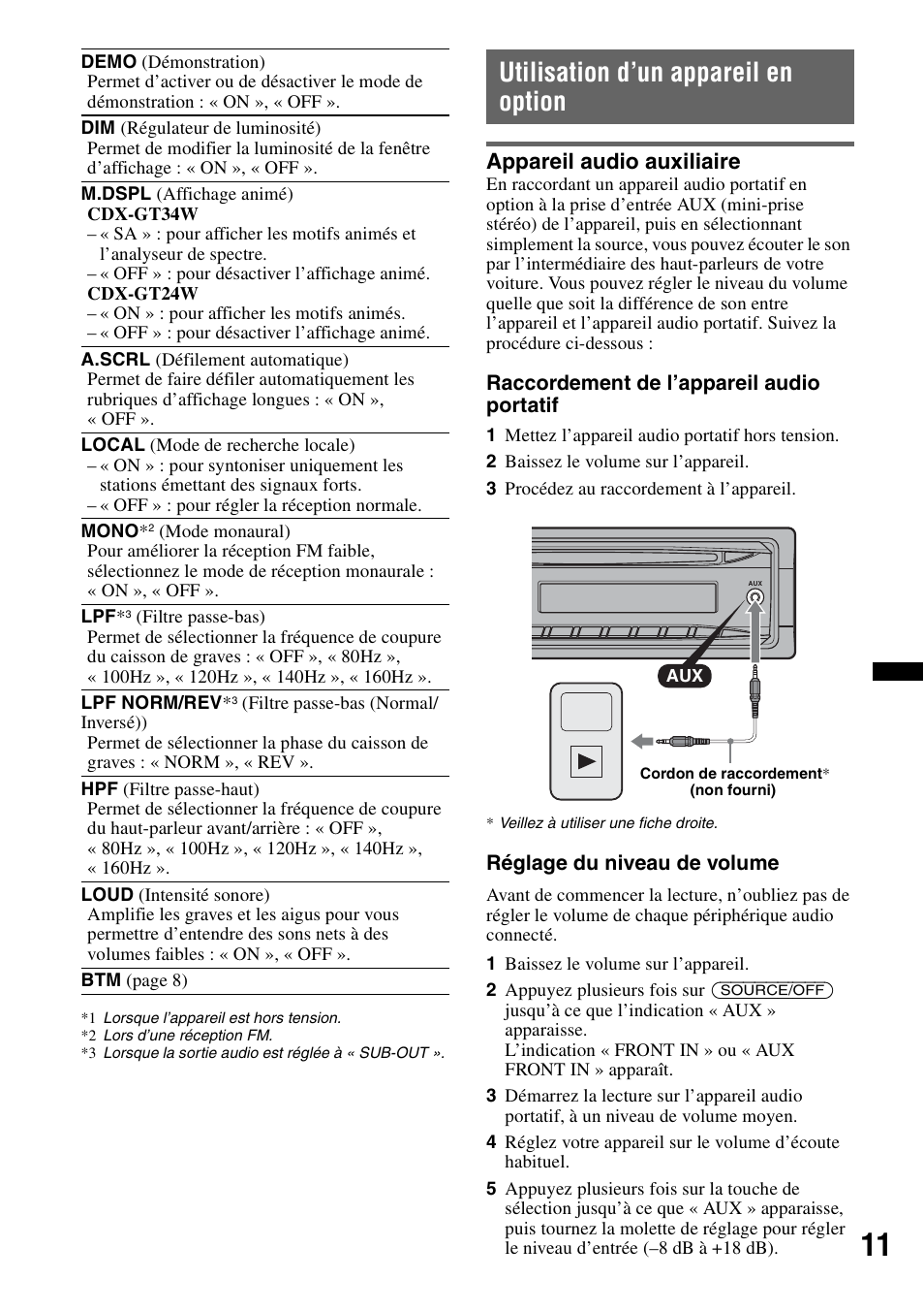 Utilisation d’un appareil en option, Appareil audio auxiliaire | Sony CDX-GT34W User Manual | Page 27 / 56