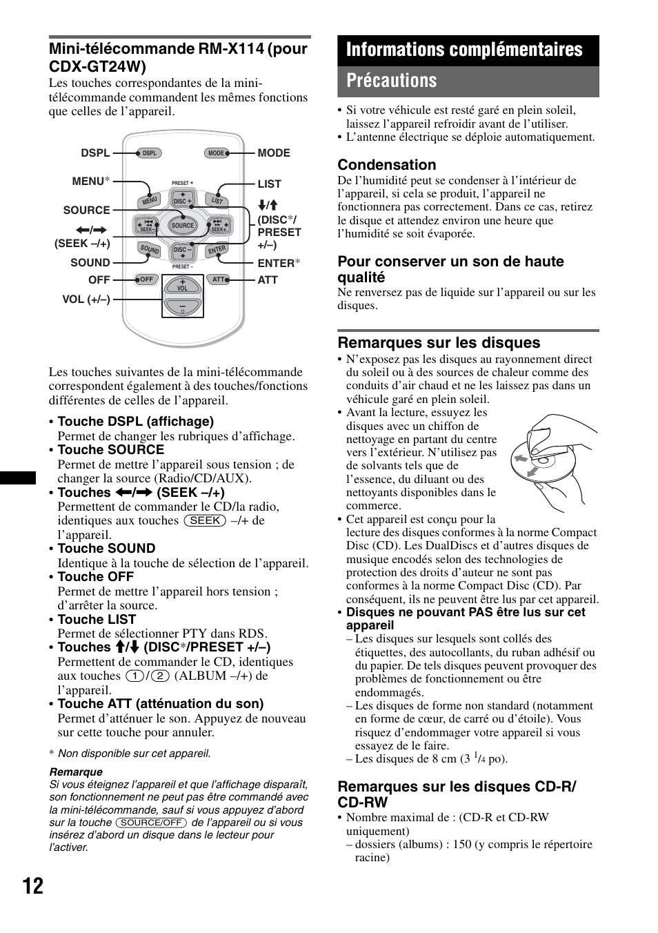Mini-télécommande rm-x114 (pour cdx-gt24w), Informations complémentaires, Précautions | Remarques sur les disques, Informations complémentaires précautions, Condensation, Pour conserver un son de haute qualité, Remarques sur les disques cd-r/ cd-rw | Sony CDX-GT34W User Manual | Page 28 / 56