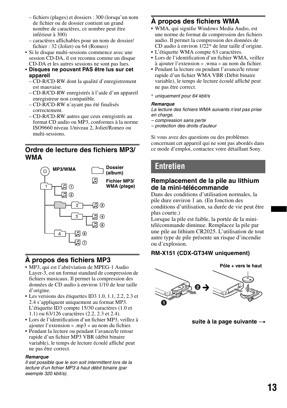 Ordre de lecture des fichiers mp3/wma, À propos des fichiers mp3, À propos des fichiers wma | Entretien | Sony CDX-GT34W User Manual | Page 29 / 56