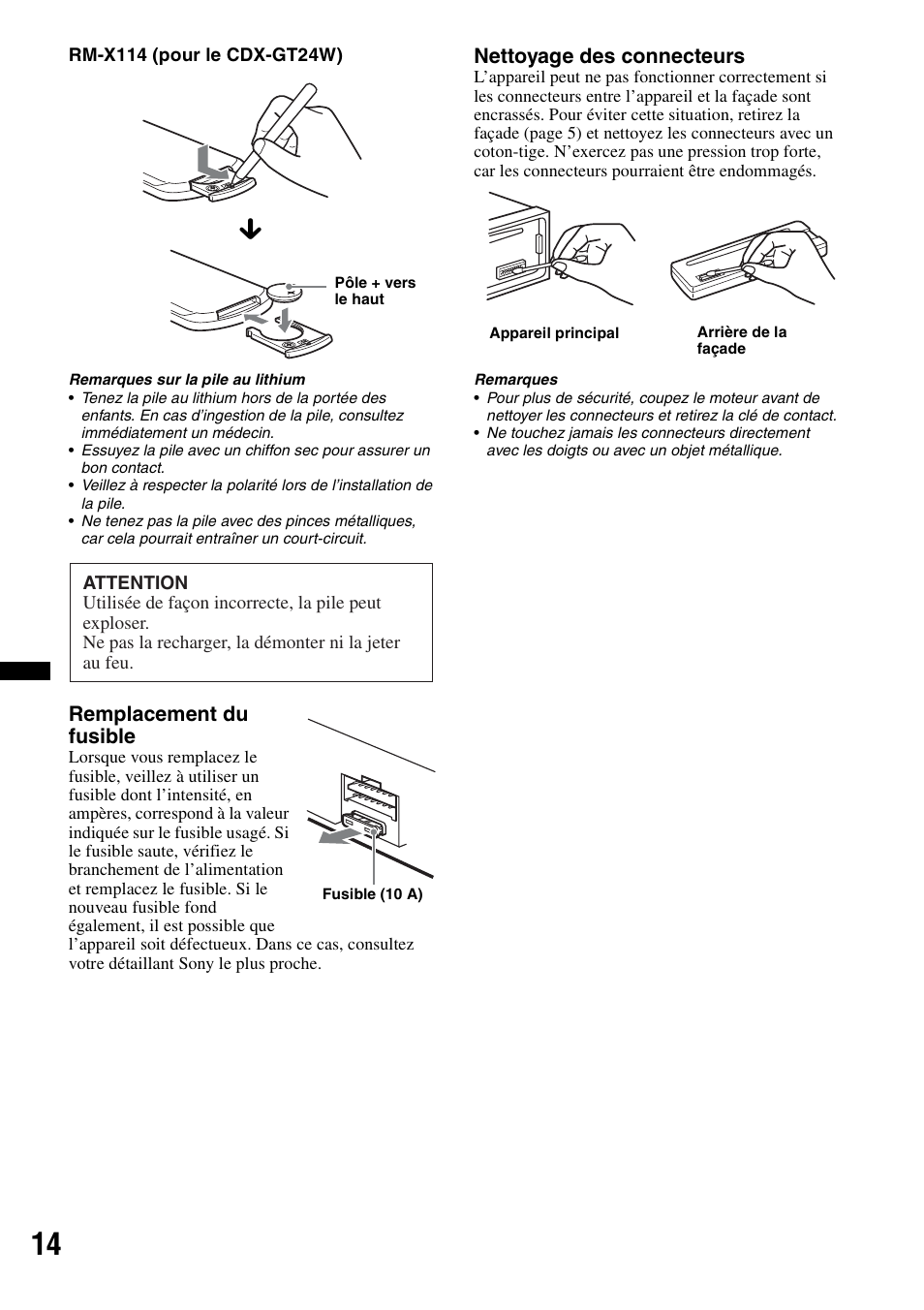 Remplacement du fusible, Nettoyage des connecteurs | Sony CDX-GT34W User Manual | Page 30 / 56