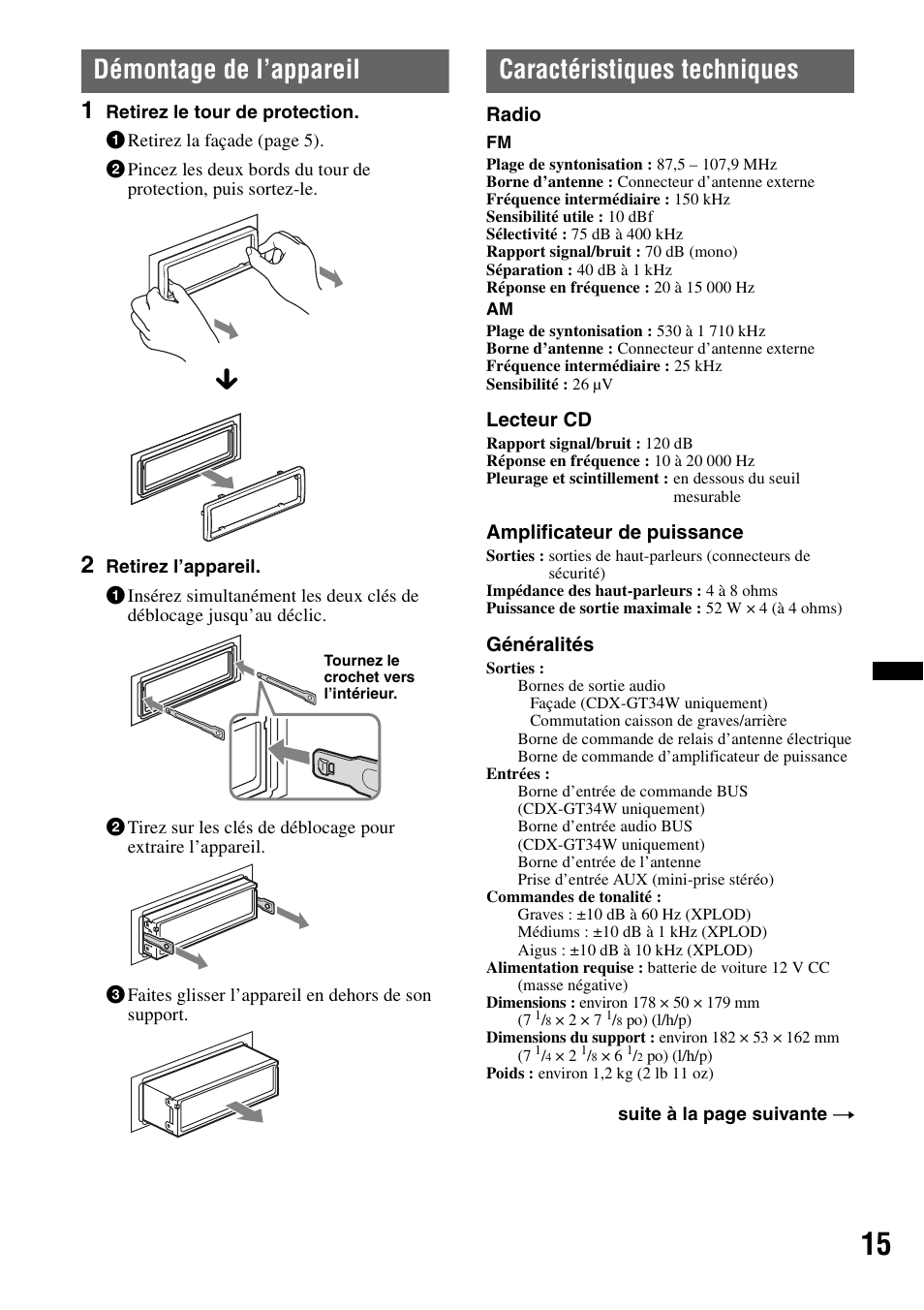 Démontage de l’appareil, Caractéristiques techniques | Sony CDX-GT34W User Manual | Page 31 / 56