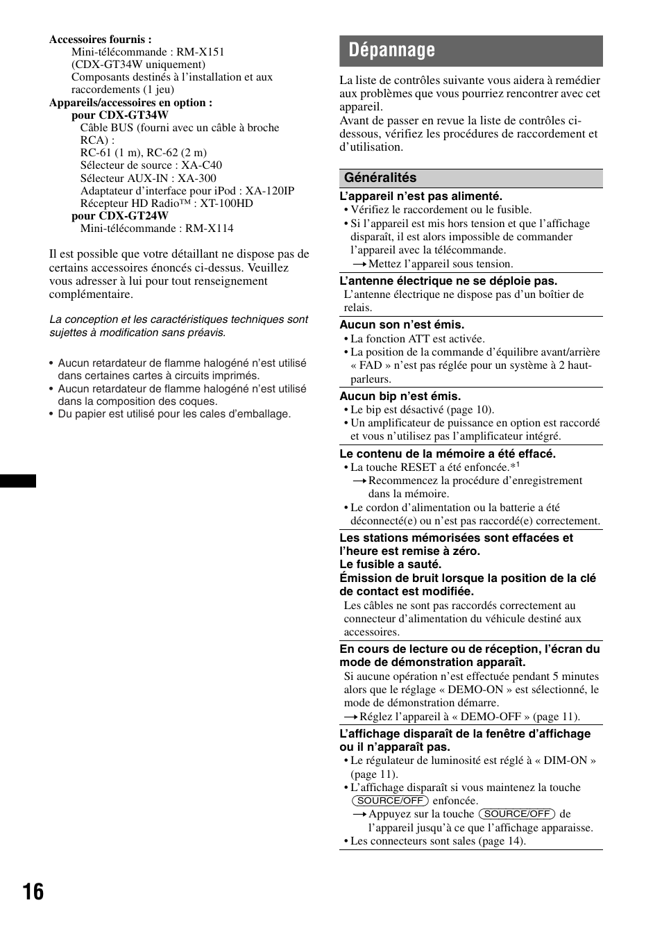 Dépannage | Sony CDX-GT34W User Manual | Page 32 / 56