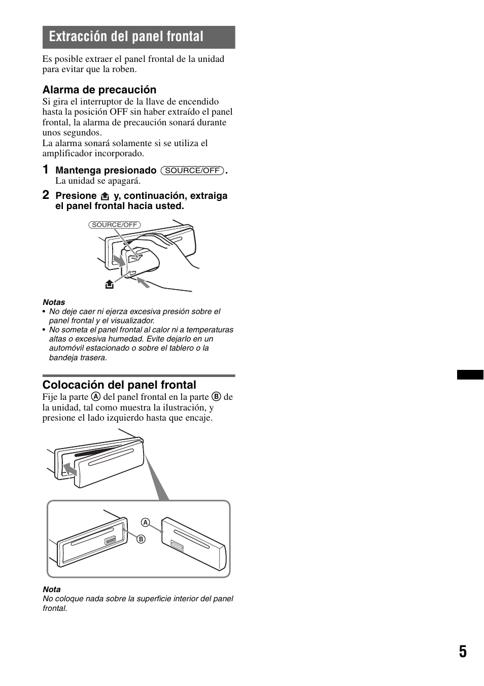 Extracción del panel frontal, Colocación del panel frontal | Sony CDX-GT34W User Manual | Page 39 / 56