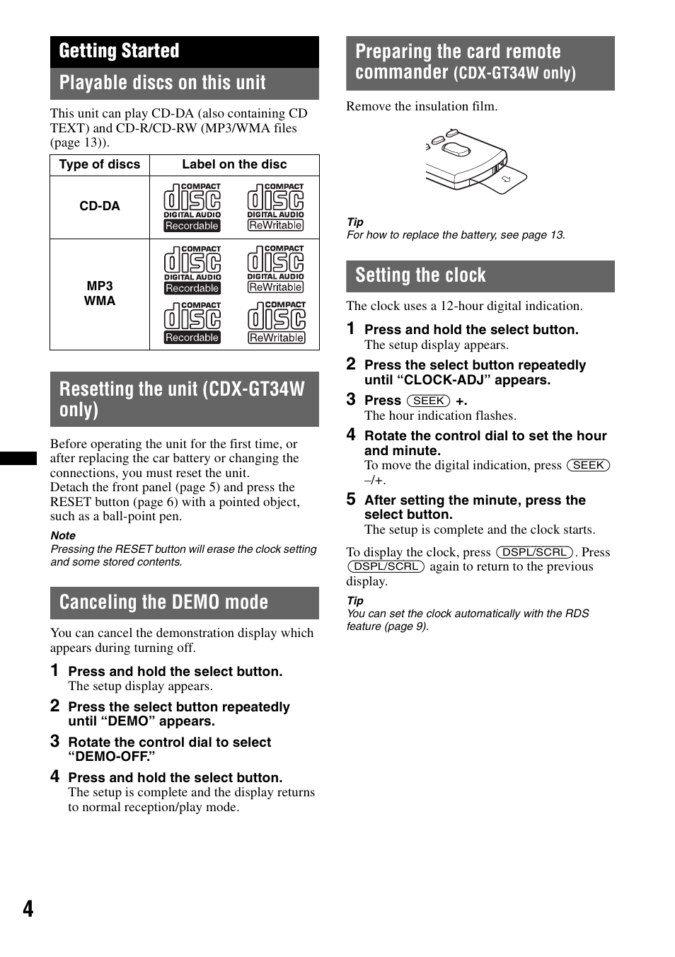 Getting started, Playable discs on this unit, Resetting the unit (cdx-gt34w only) | Canceling the demo mode, Setting the clock, Getting started playable discs on this unit, Preparing the card remote commander | Sony CDX-GT34W User Manual | Page 4 / 56