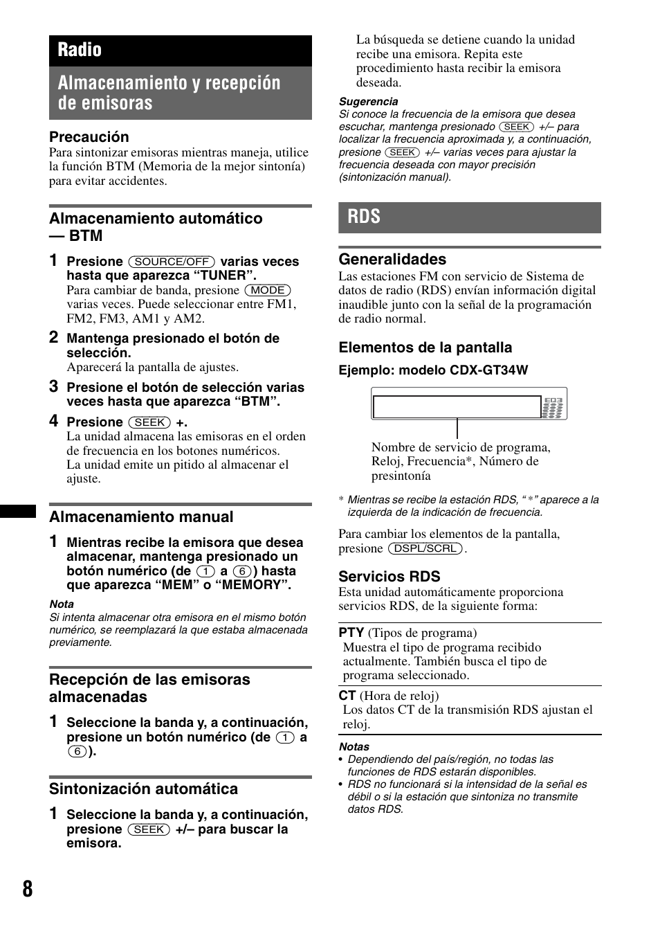 Radio, Almacenamiento y recepción de emisoras, Almacenamiento automático — btm | Almacenamiento manual, Recepción de las emisoras almacenadas, Sintonización automática, Generalidades, Radio almacenamiento y recepción de emisoras | Sony CDX-GT34W User Manual | Page 42 / 56