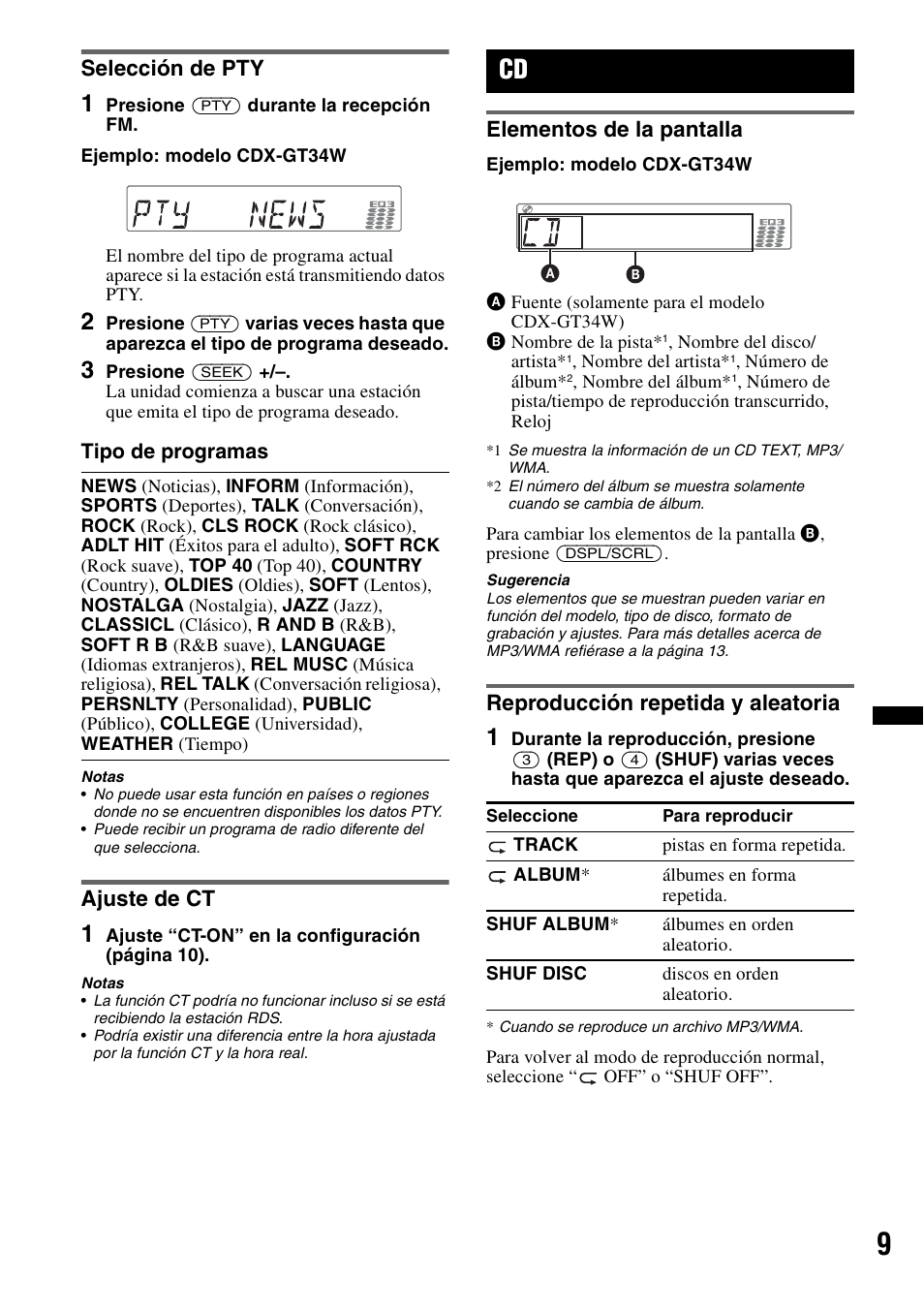 Selección de pty, Ajuste de ct, Elementos de la pantalla | Reproducción repetida y aleatoria, Selección de pty ajuste de ct | Sony CDX-GT34W User Manual | Page 43 / 56