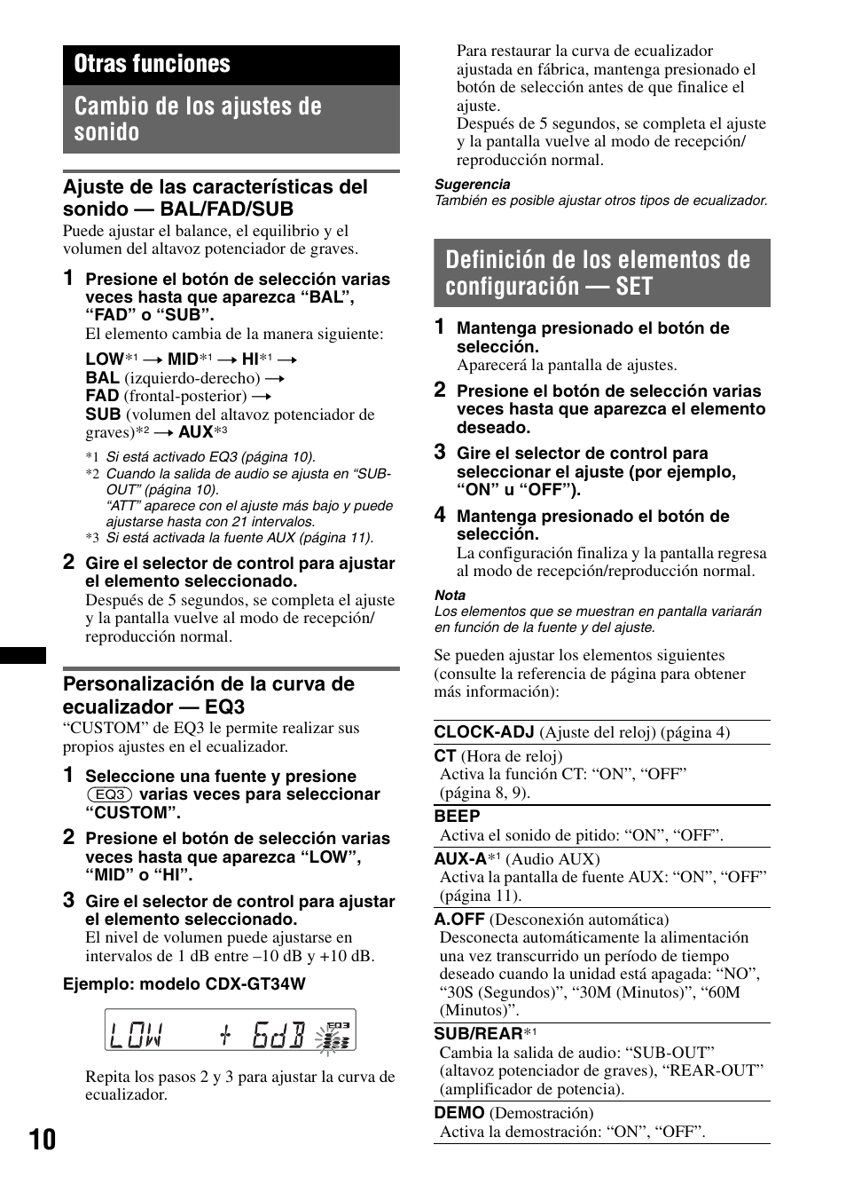 Otras funciones, Cambio de los ajustes de sonido, Personalización de la curva de ecualizador — eq3 | Definición de los elementos de configuración — set, Otras funciones cambio de los ajustes de sonido | Sony CDX-GT34W User Manual | Page 44 / 56