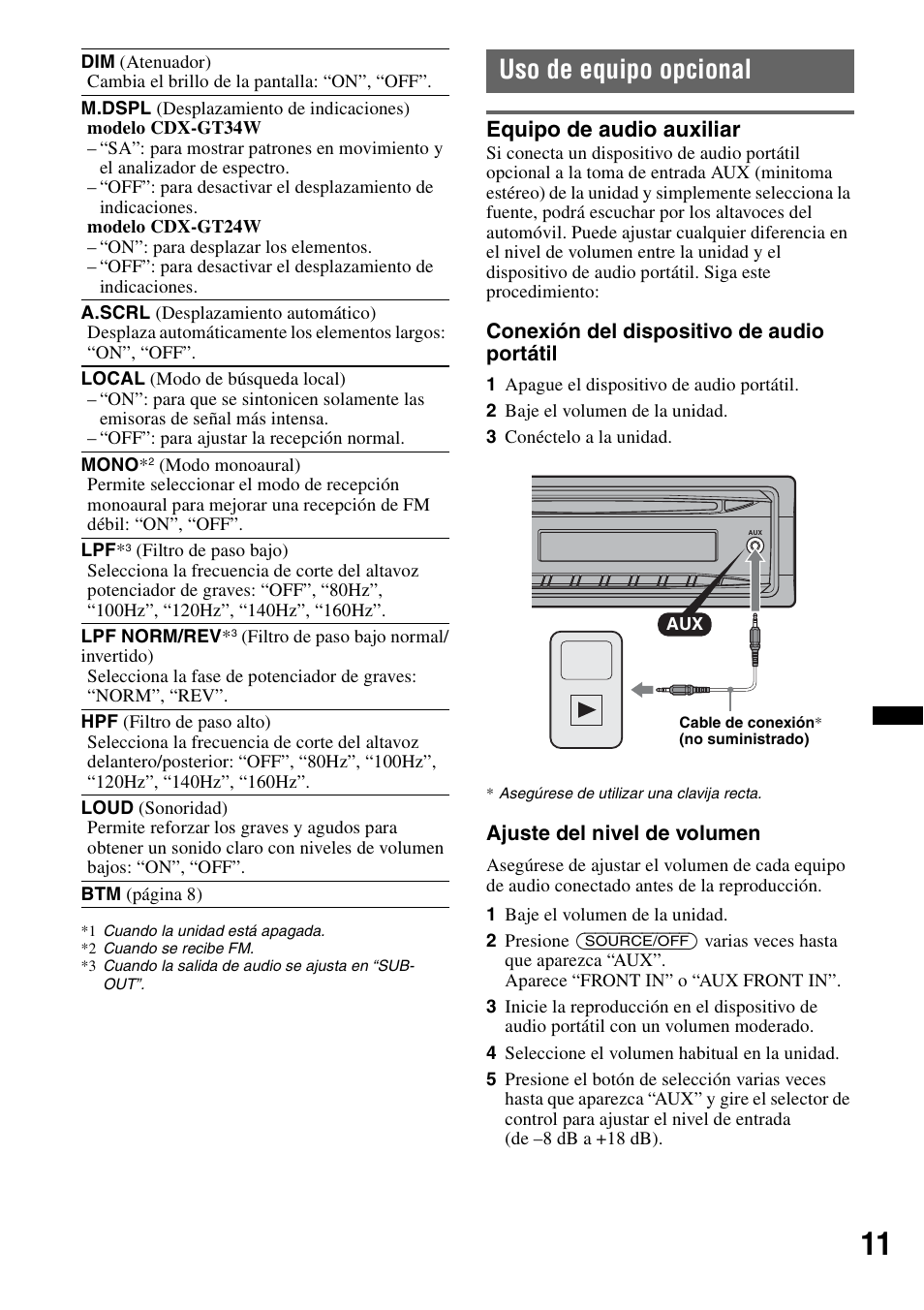 Uso de equipo opcional, Equipo de audio auxiliar | Sony CDX-GT34W User Manual | Page 45 / 56