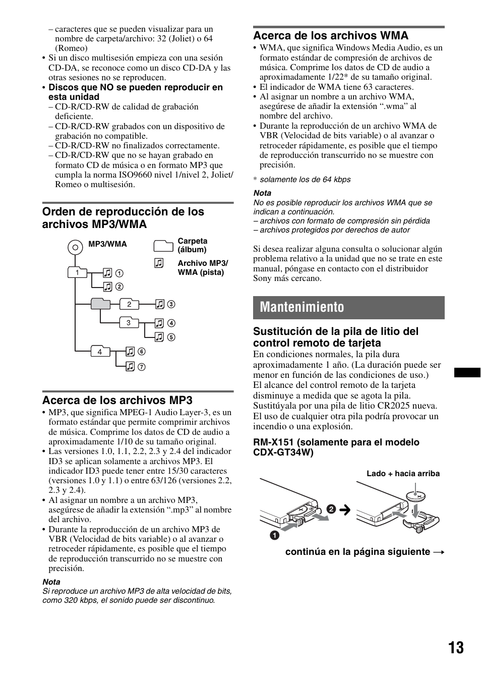 Orden de reproducción de los archivos mp3/wma, Acerca de los archivos mp3, Acerca de los archivos wma | Mantenimiento | Sony CDX-GT34W User Manual | Page 47 / 56