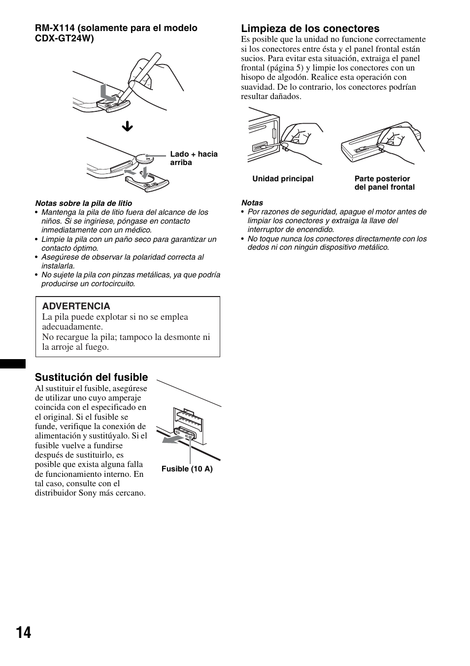 Sustitución del fusible, Limpieza de los conectores | Sony CDX-GT34W User Manual | Page 48 / 56