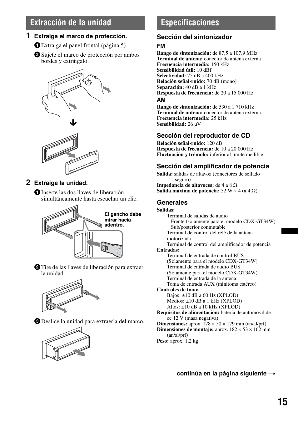 Extracción de la unidad, Especificaciones, Extracción de la unidad especificaciones | Sony CDX-GT34W User Manual | Page 49 / 56