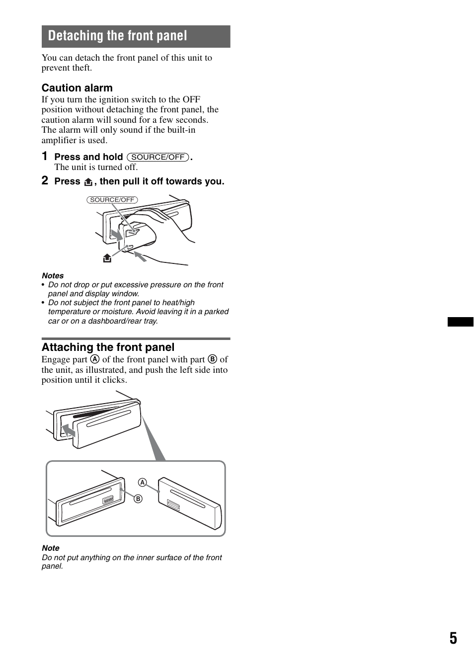 Detaching the front panel, Attaching the front panel | Sony CDX-GT34W User Manual | Page 5 / 56