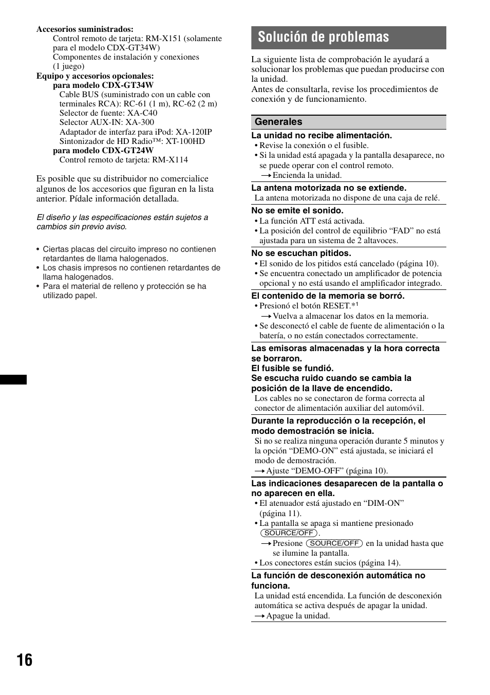 Solución de problemas | Sony CDX-GT34W User Manual | Page 50 / 56