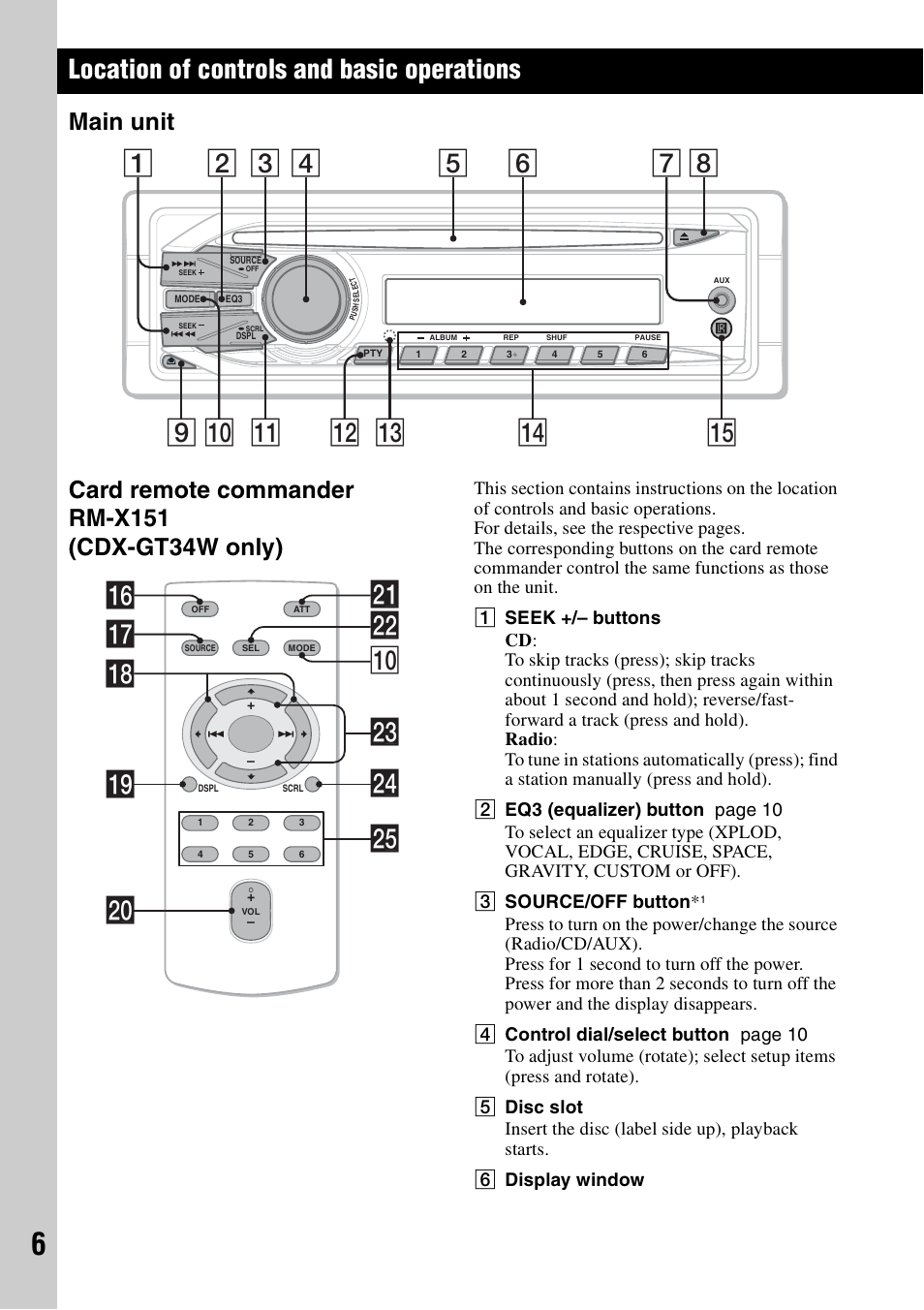 Location of controls and basic operations, Main unit, Card remote commander rm-x151 (cdx-gt34w only) | Qj ws q; qh wf qk ql wa w; wg wd | Sony CDX-GT34W User Manual | Page 6 / 56