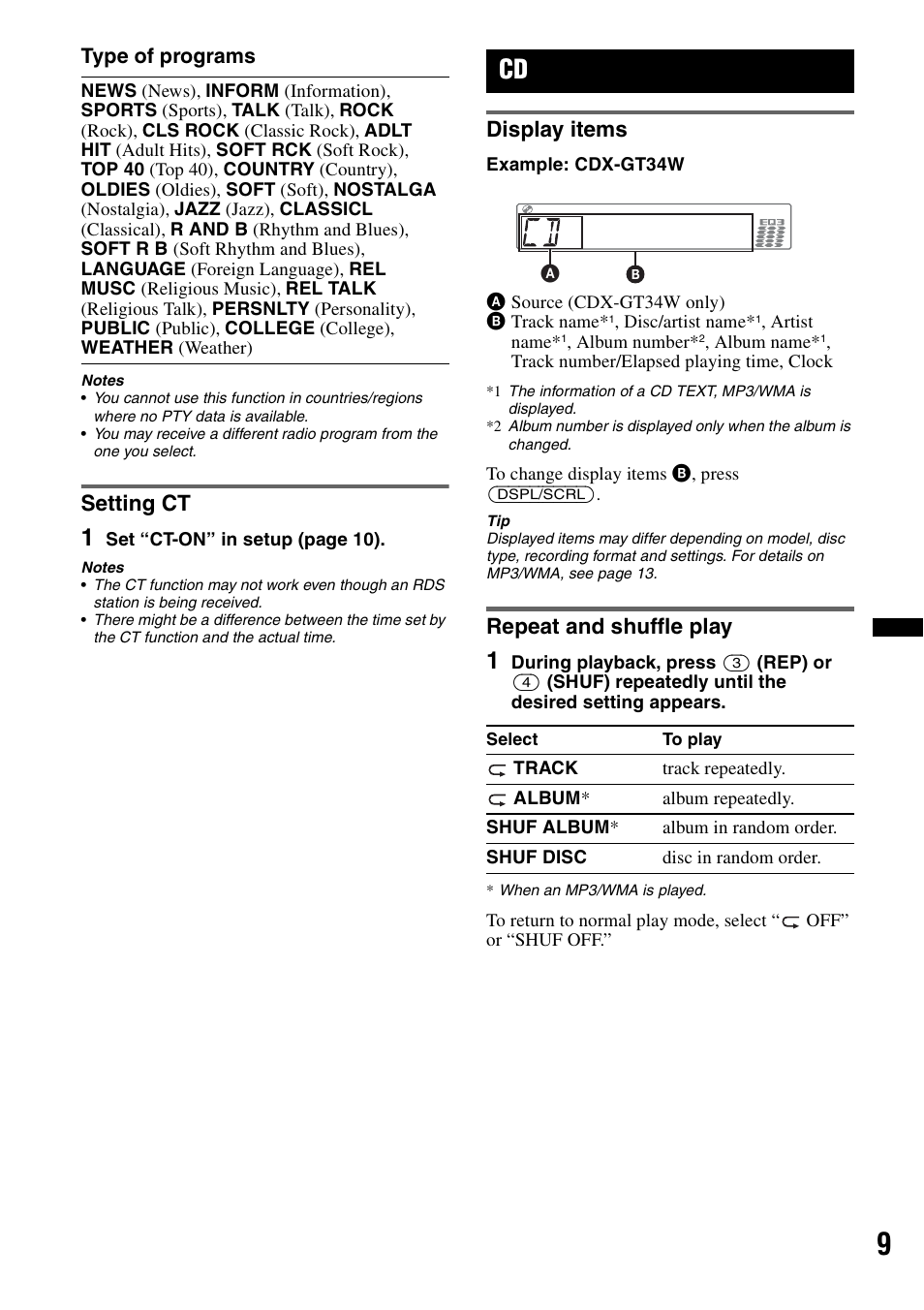 Setting ct, Display items, Repeat and shuffle play | Display items repeat and shuffle play | Sony CDX-GT34W User Manual | Page 9 / 56