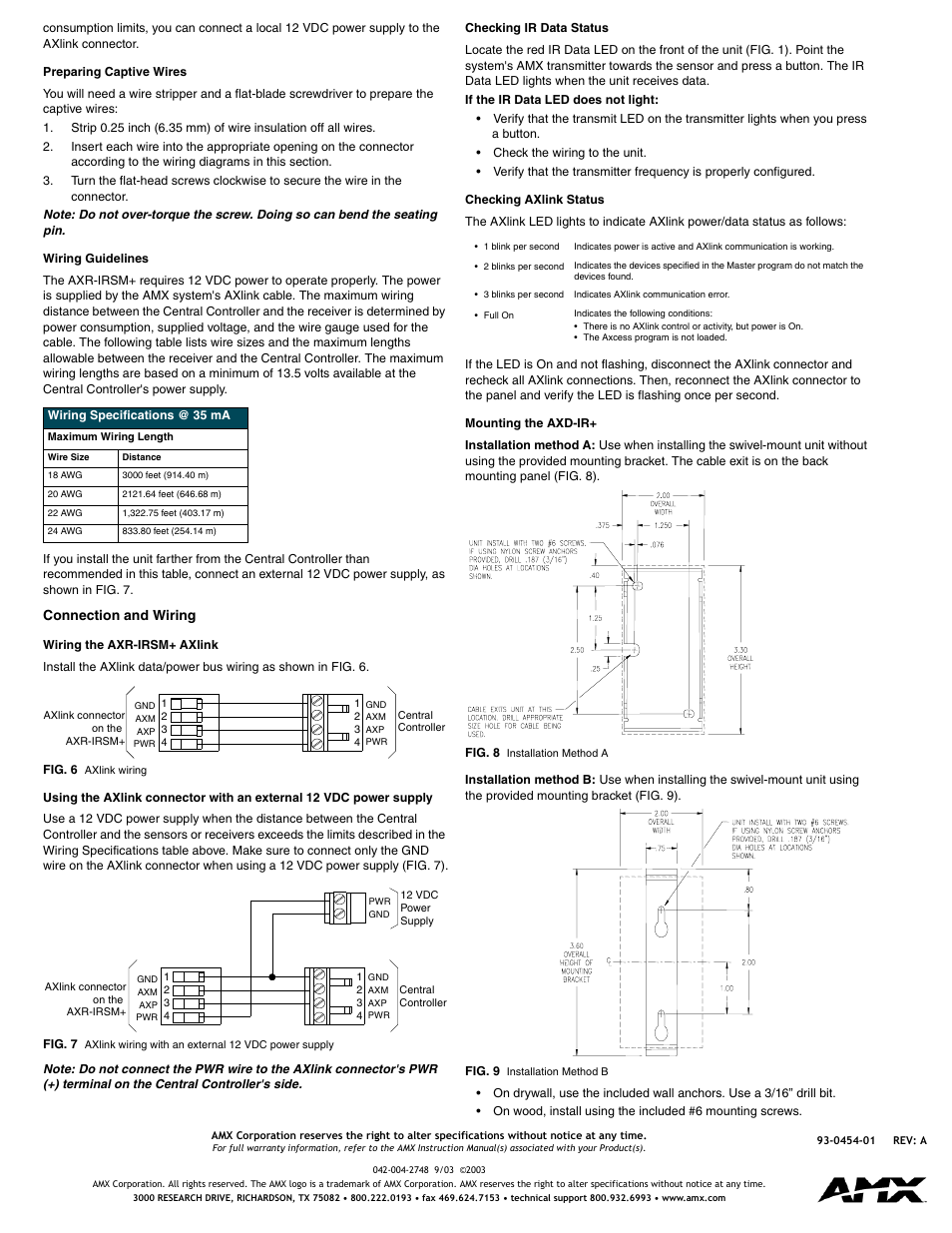 Preparing captive wires, Wiring guidelines, Connection and wiring | Wiring the axr-irsm+ axlink, Checking ir data status, Checking axlink status, Mounting the axd-ir | AMX AXR-IRSM+ User Manual | Page 2 / 2