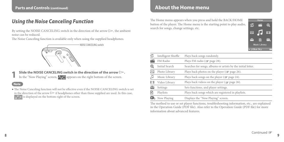 Using the noise canceling function, About the home menu | Sony NWZ-S716FRNC User Manual | Page 5 / 16