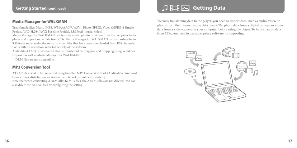 Getting data, 1 getting started, Media manager for walkman | Mp3 conversion tool | Sony NWZ-S716FRNC User Manual | Page 9 / 16