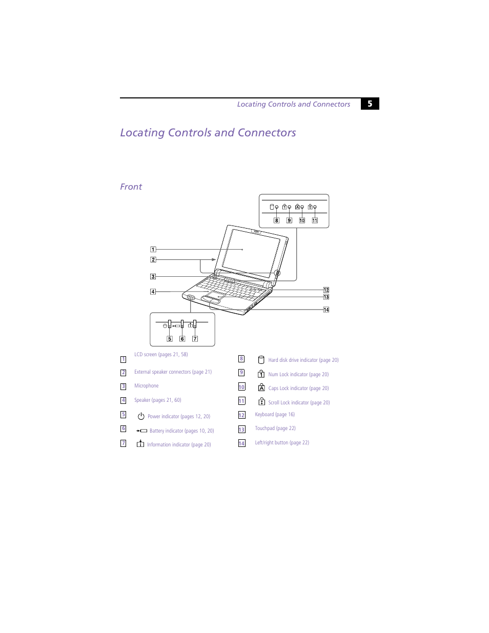 Locating controls and connectors, Front | Sony PCG-N505VE User Manual | Page 15 / 93