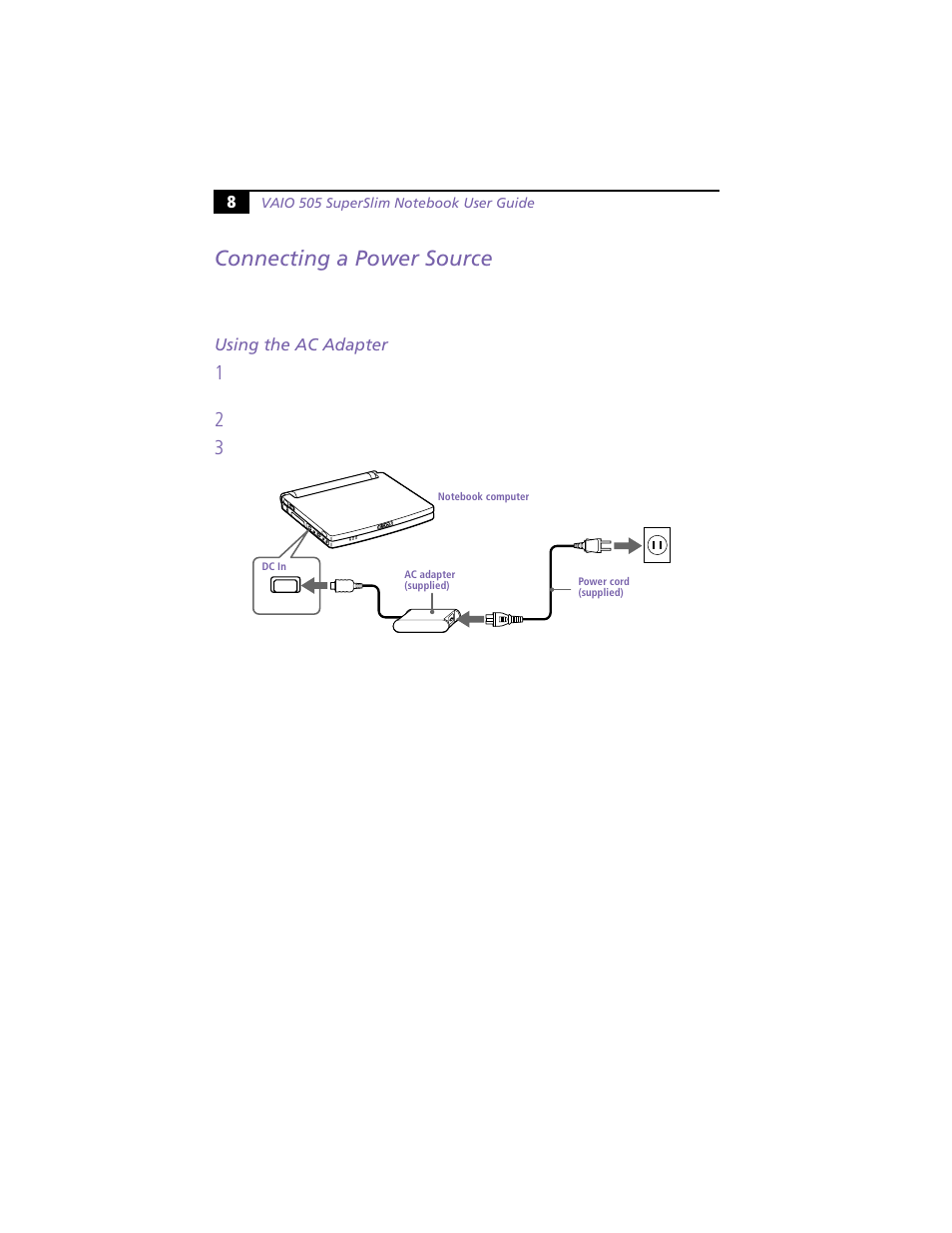 Connecting a power source, Using the ac adapter | Sony PCG-N505VE User Manual | Page 18 / 93