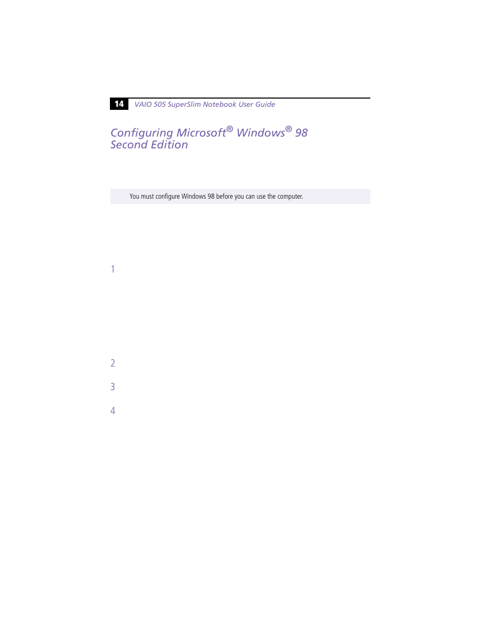 Configuring microsoft® windows® 98 secondedition, Configuring microsoft® windows® 98 second edition, Configuring microsoft | Windows, 98 second edition | Sony PCG-N505VE User Manual | Page 24 / 93