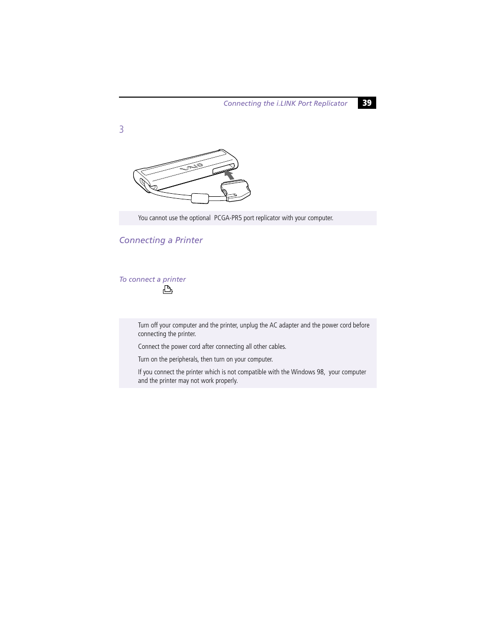 Connecting a printer | Sony PCG-N505VE User Manual | Page 49 / 93