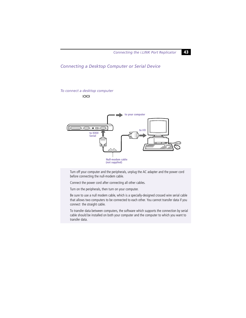 Connecting a desktop computer or serial device | Sony PCG-N505VE User Manual | Page 53 / 93