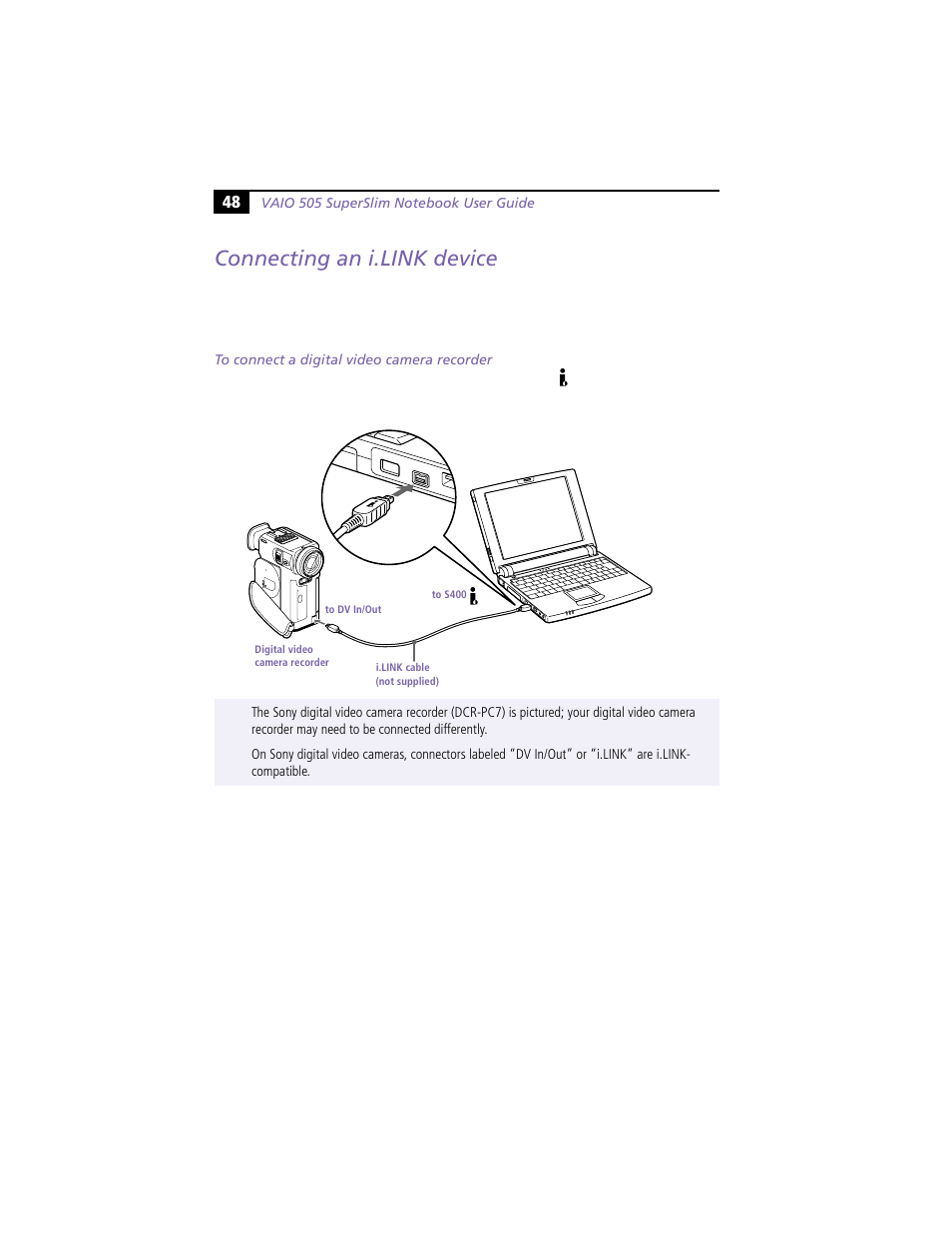 Connecting an i.link device | Sony PCG-N505VE User Manual | Page 58 / 93