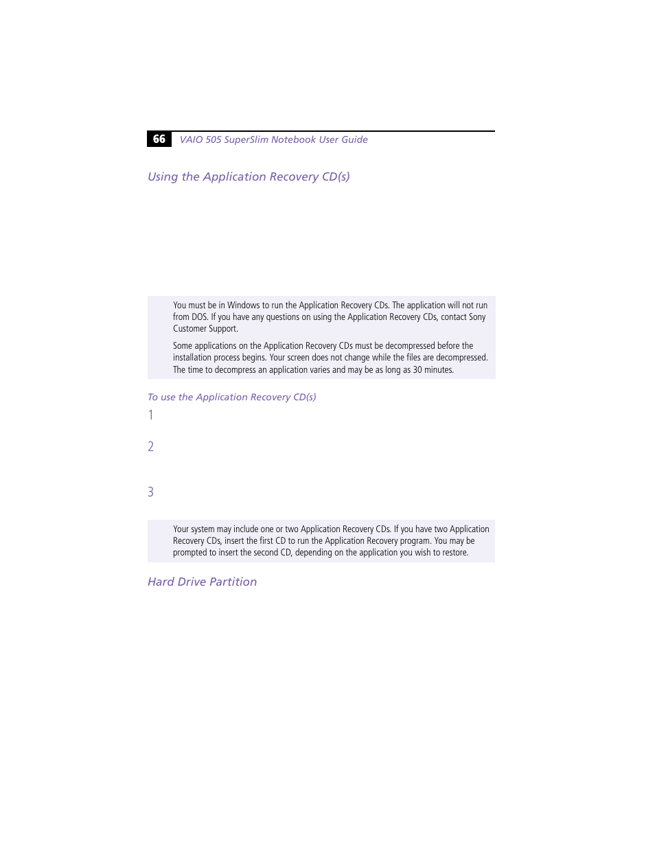 Using the application recovery cd(s), Hard drive partition | Sony PCG-N505VE User Manual | Page 76 / 93