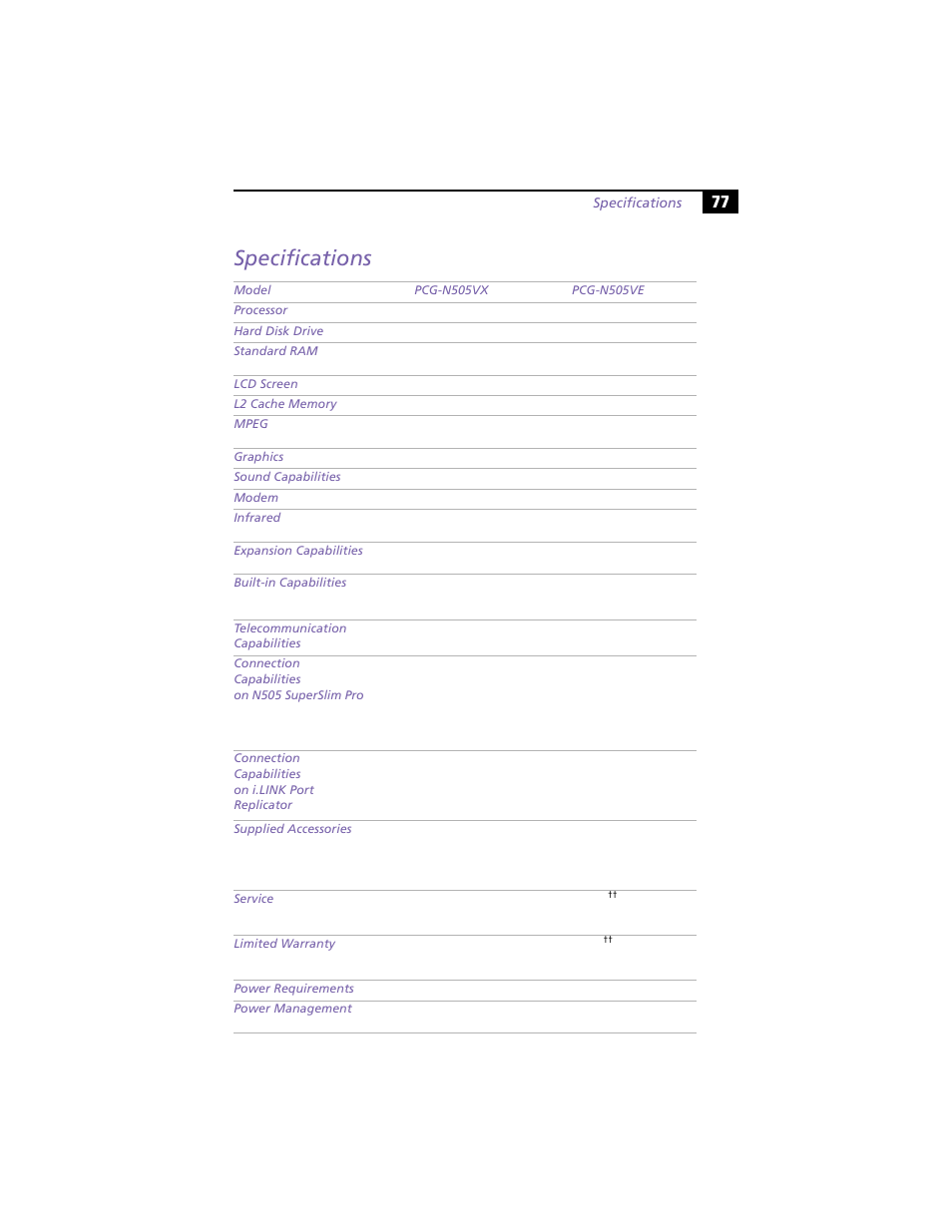 Specifications | Sony PCG-N505VE User Manual | Page 87 / 93