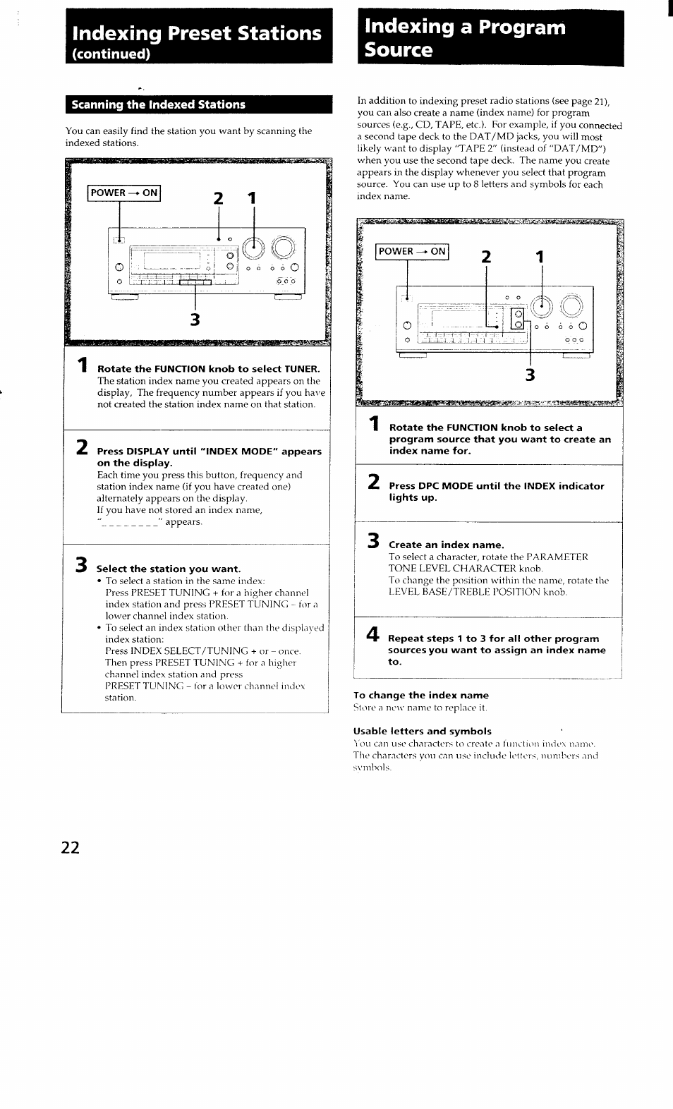 Indexing preset stations, Scanning the indexed stations, Select the station you want | Press dpc mode until the index indicator lights up, Create an index name, To change the index name, Usable letters and symbols, Indexing a program source, Continued) | Sony STR-GX700ES User Manual | Page 14 / 39