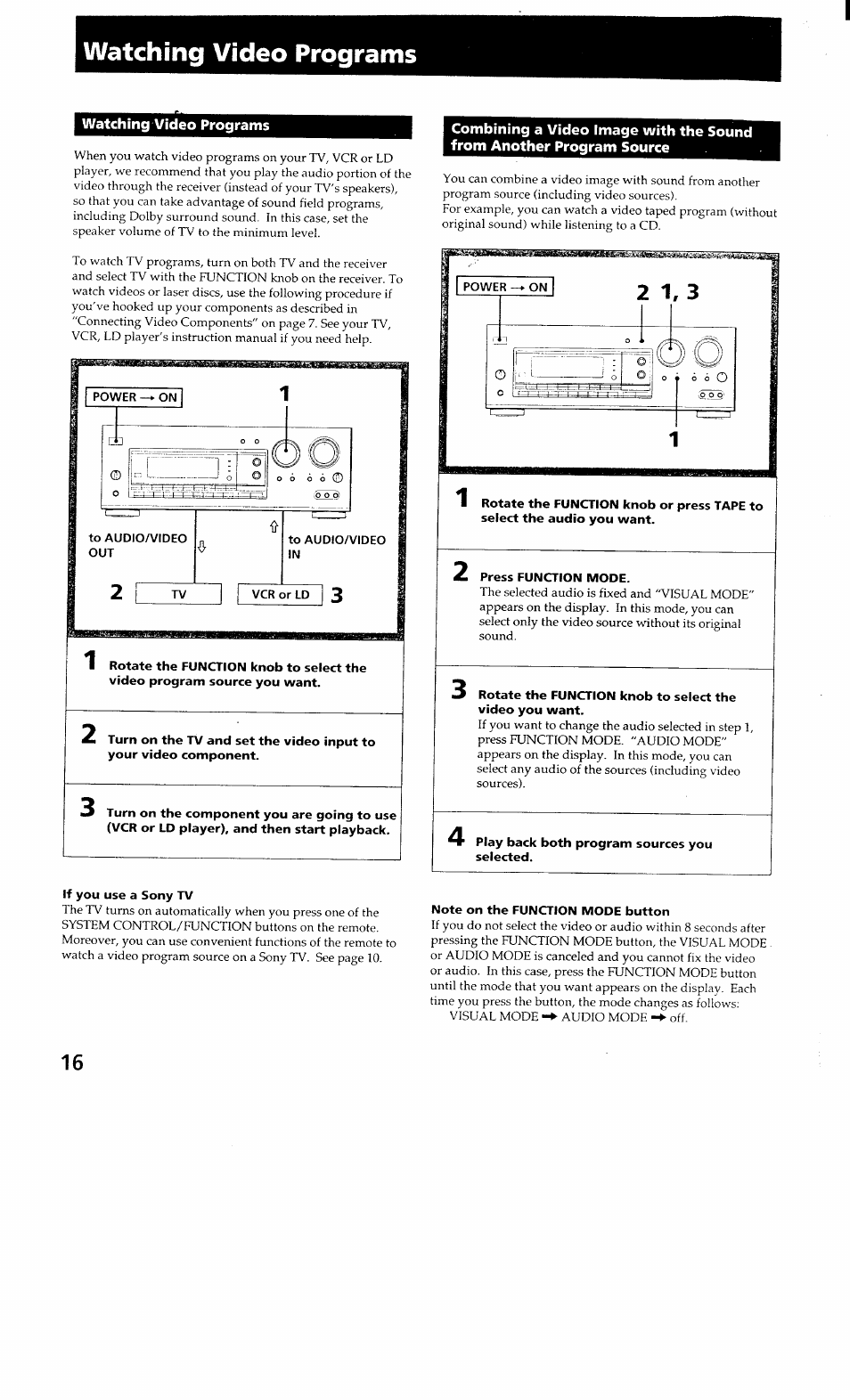 Watching video programs, If you use a sony tv, Note on the function mode button | Sony STR-GX700ES User Manual | Page 16 / 39