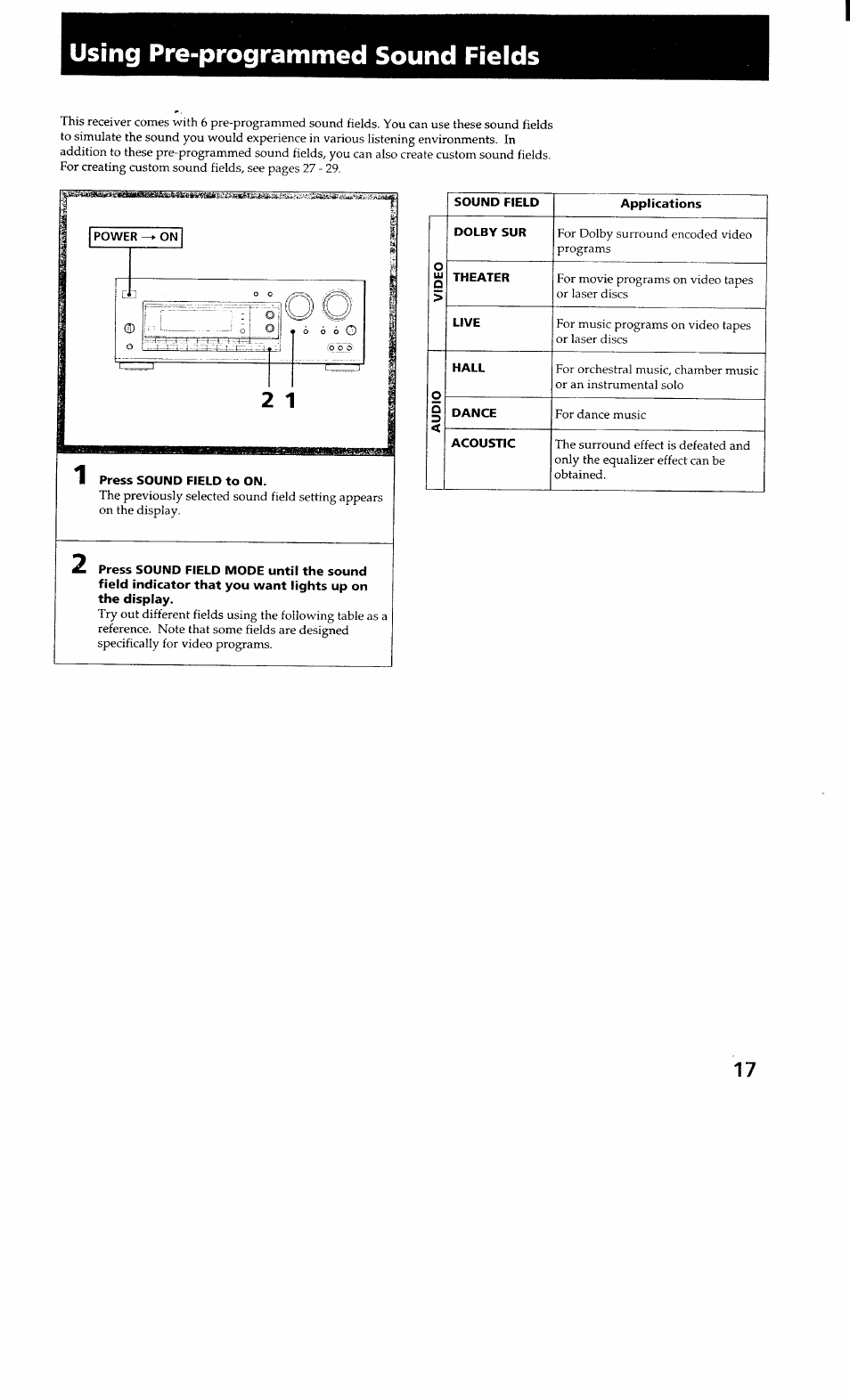 Using pre-programmed sound fields, Press sound field to on | Sony STR-GX700ES User Manual | Page 17 / 39