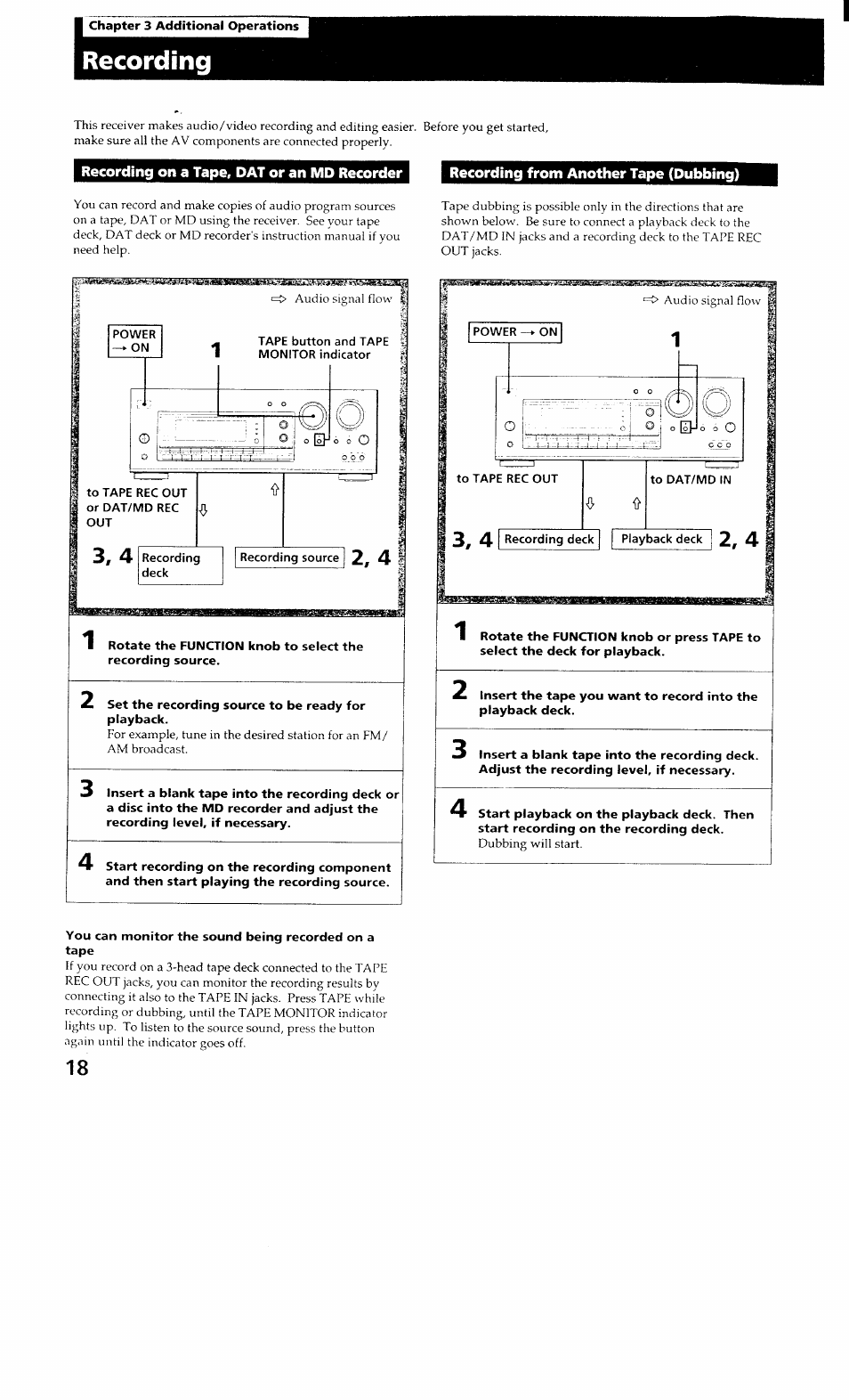 Recording, Recording on a tape, dat or an md recorder, Recording from another tape (dubbing) | Sony STR-GX700ES User Manual | Page 18 / 39