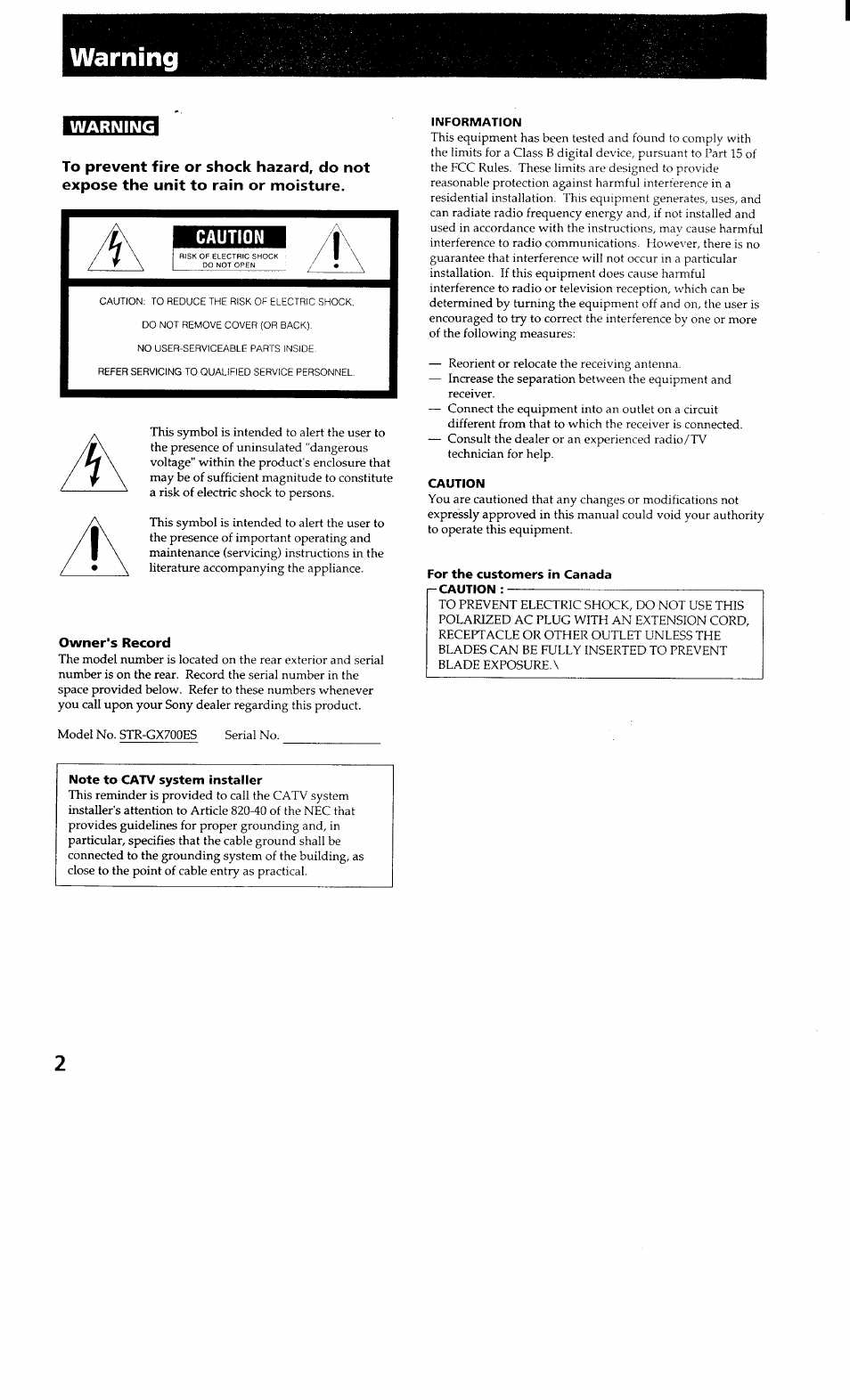 Warnitig, Owner's record, Information | Caution, For the customers in canada caution, Note to catv system installer | Sony STR-GX700ES User Manual | Page 2 / 39