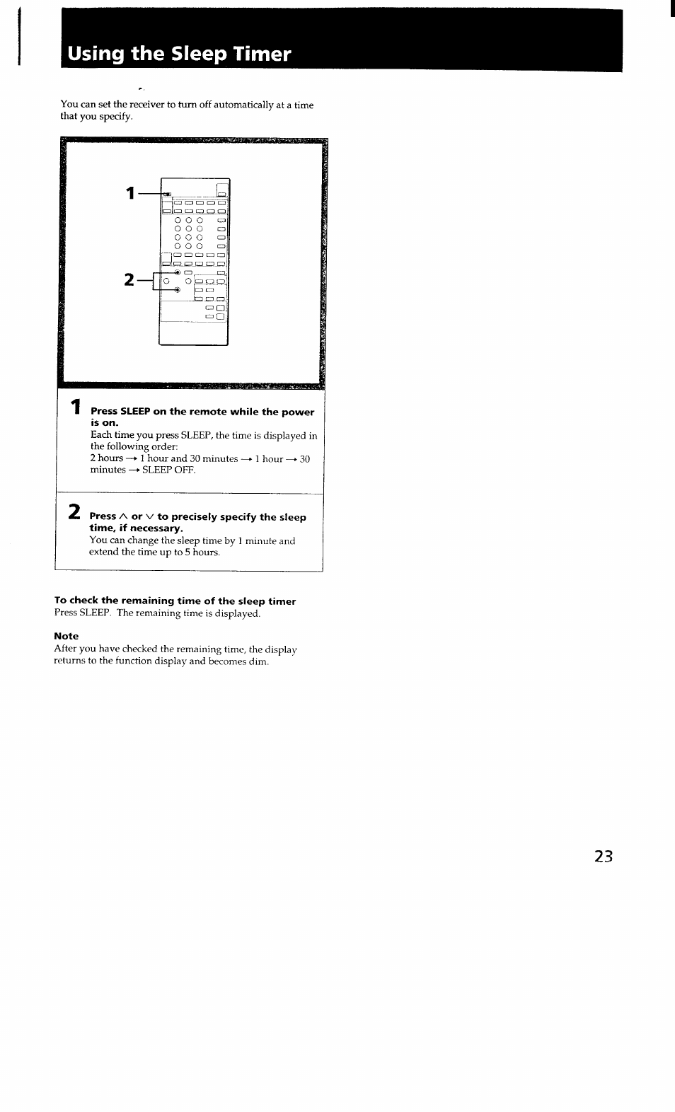 Using the sleep timer, To check the remaining time of the sleep timer, Note | Using sleep timer | Sony STR-GX700ES User Manual | Page 23 / 39