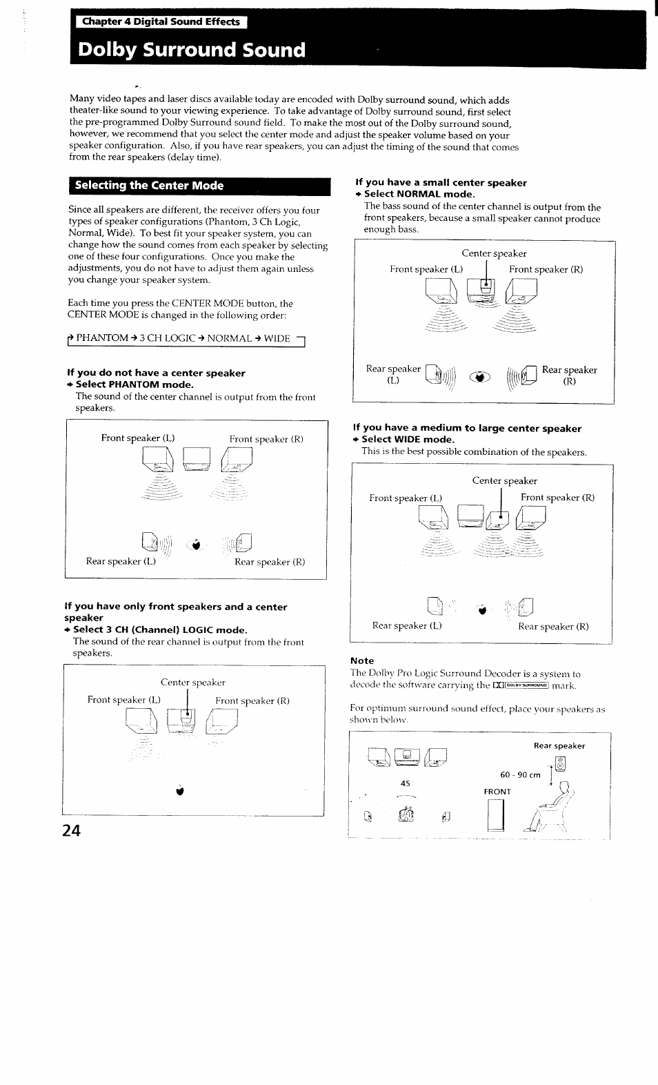 Dolby surround sound, Selecting the center mode, Note | Qo 0 | Sony STR-GX700ES User Manual | Page 24 / 39