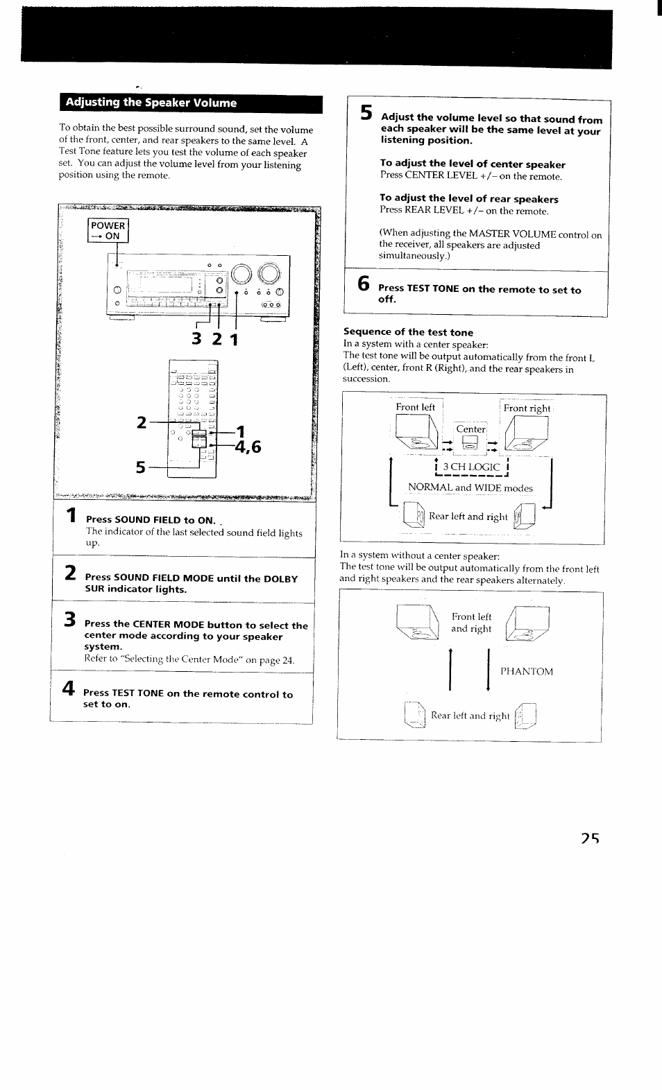 Adjusting the speaker volume, Sequence of the test tone | Sony STR-GX700ES User Manual | Page 25 / 39