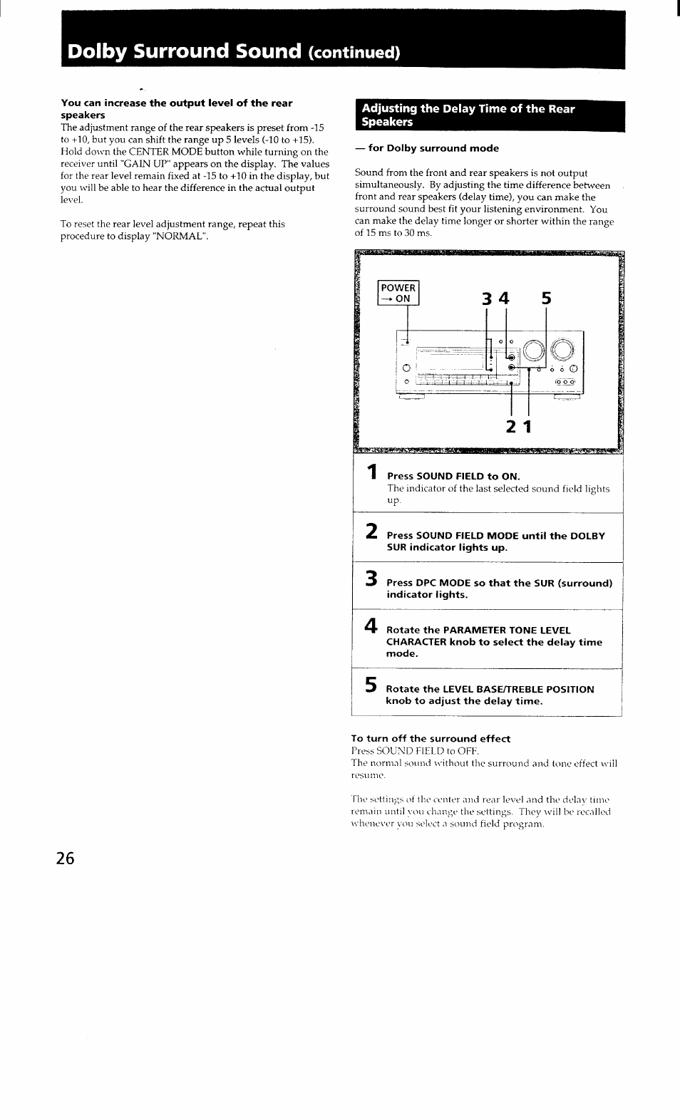 Dolby surround sound (continued), Adjusting the delay time of the rear speakers, For dolby surround mode | Dolby surround sound, Continued) | Sony STR-GX700ES User Manual | Page 26 / 39