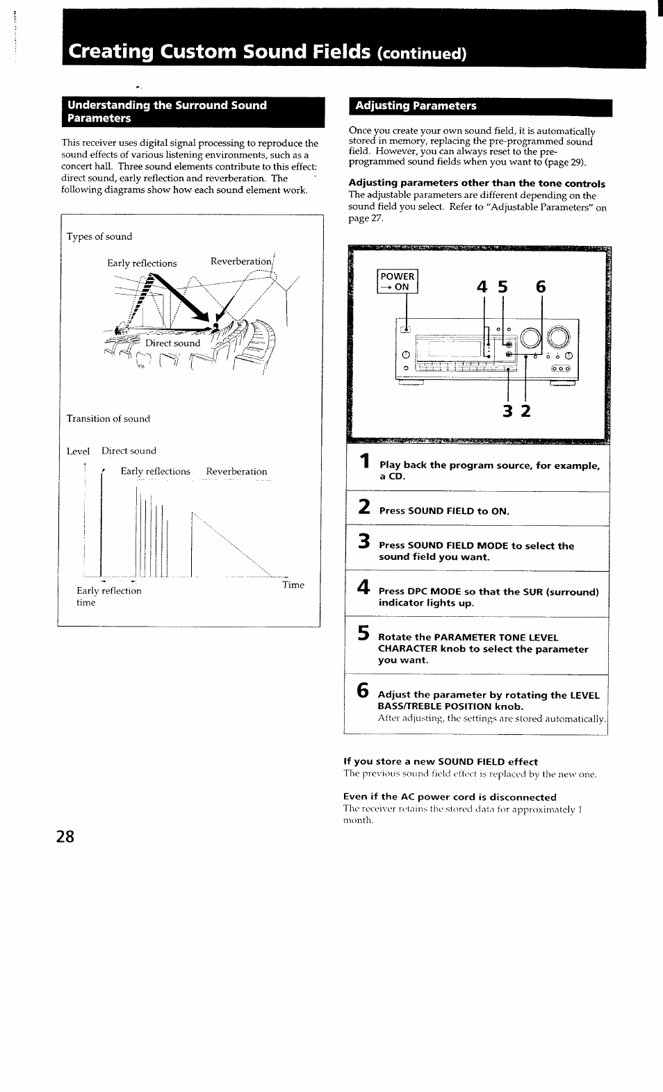 Creating custom sound fields (continued), Understanding the surround sound parameters, Adjusting parameters | Adjusting parameters other than the tone controls, If you store a new sound field effect, Even if the ac power cord is disconnected, Creating custom sound fields, Continued) | Sony STR-GX700ES User Manual | Page 28 / 39