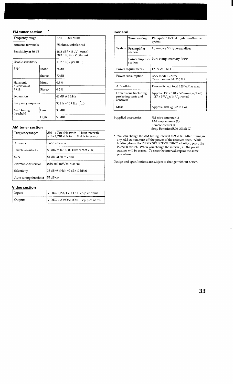 Fm tuner section, General, Am tuner section | Video section | Sony STR-GX700ES User Manual | Page 33 / 39