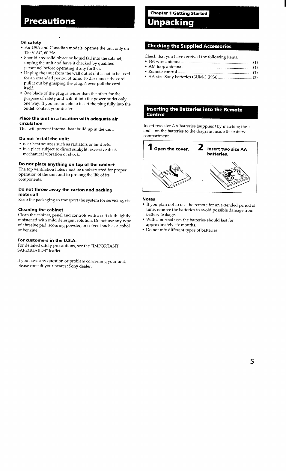 Precautions, Chapter 1 getting started, Unpacking | On safety, Do not install the unit, Do not place anything on top of the cabinet, Do not throw away the carton and packing material, For customers in the u.s.a, Checking the supplied accessories, Inserting the batteries into the remote control | Sony STR-GX700ES User Manual | Page 5 / 39