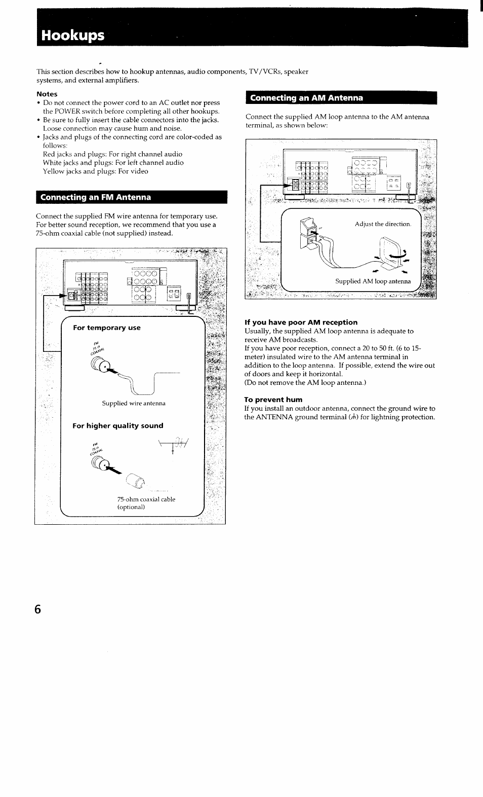 Hookups, Notes, Connecting an fm antenna | Connecting an am antenna, If you have poor am reception, To prevent hum, Connecting an fm antenna connecting an am antenna | Sony STR-GX700ES User Manual | Page 6 / 39