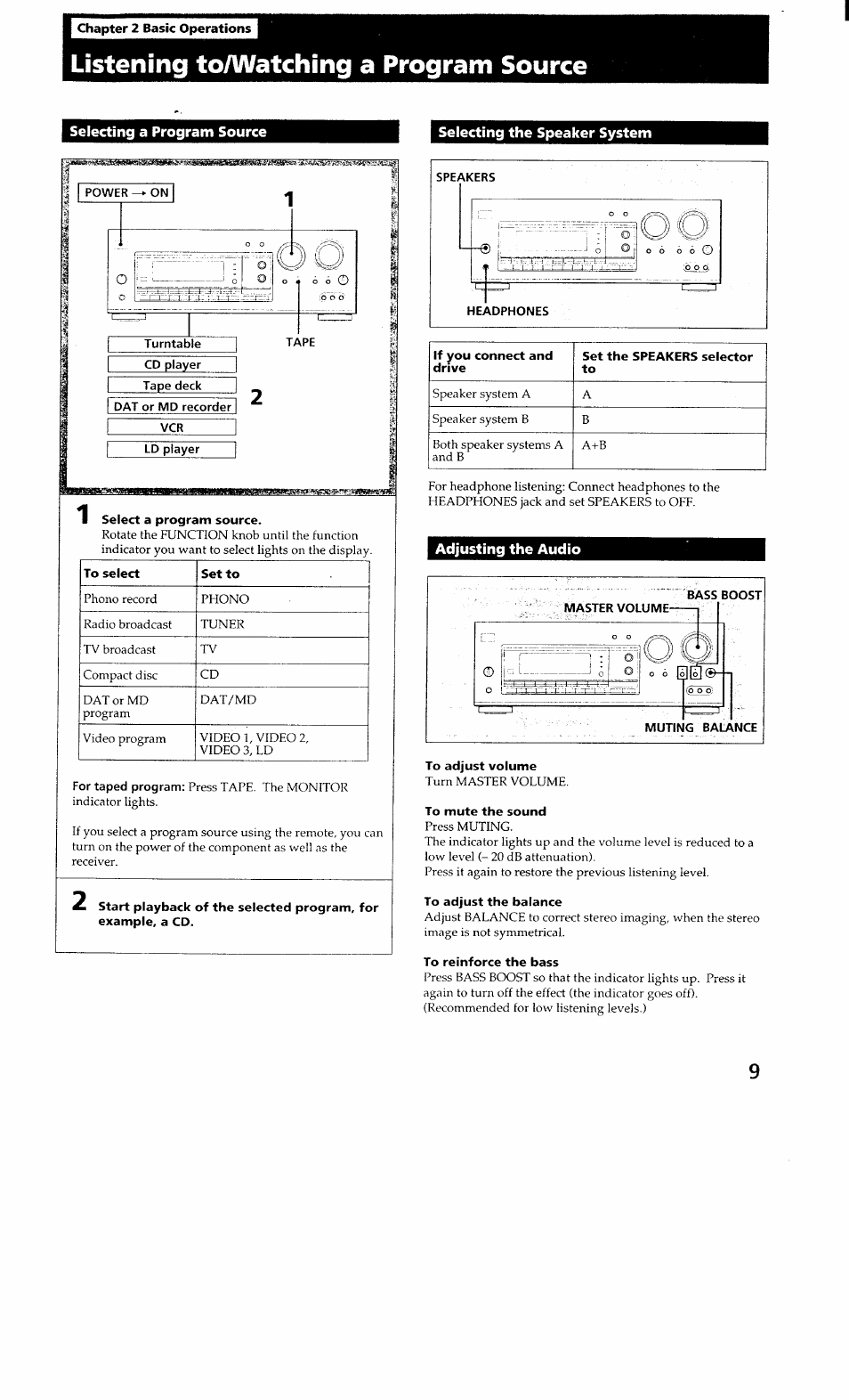 Chapter 2 basic operations, Listening to/watching a program source, Selecting a program source | Selecting the speaker system, Adjusting the audio, To adjust volume, To mute the sound, To adjust the balance, To reinforce the bass | Sony STR-GX700ES User Manual | Page 9 / 39