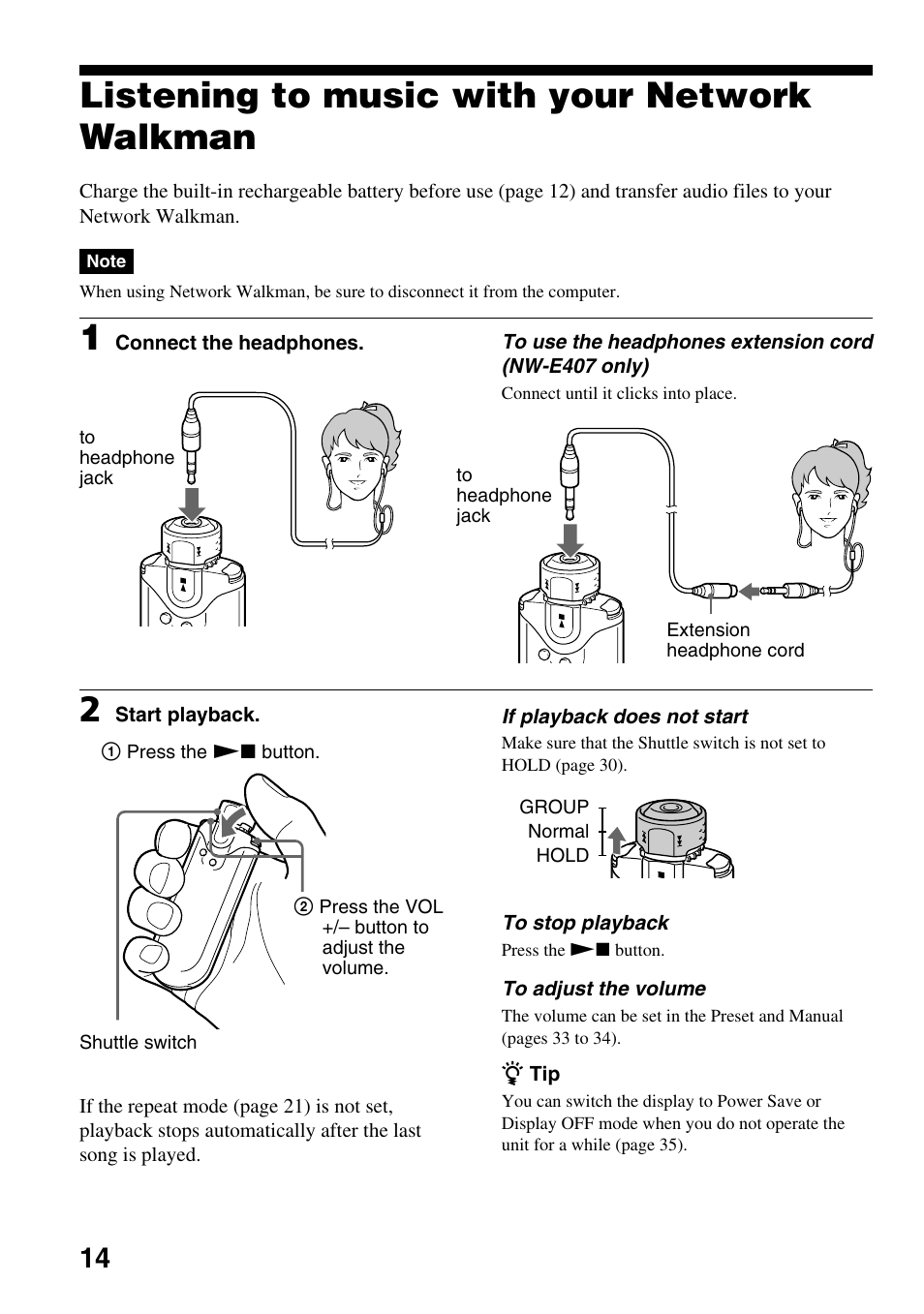 Listening to music with your network walkman, Listening to music with your network, Walkman | Sony NW-E407 User Manual | Page 14 / 55