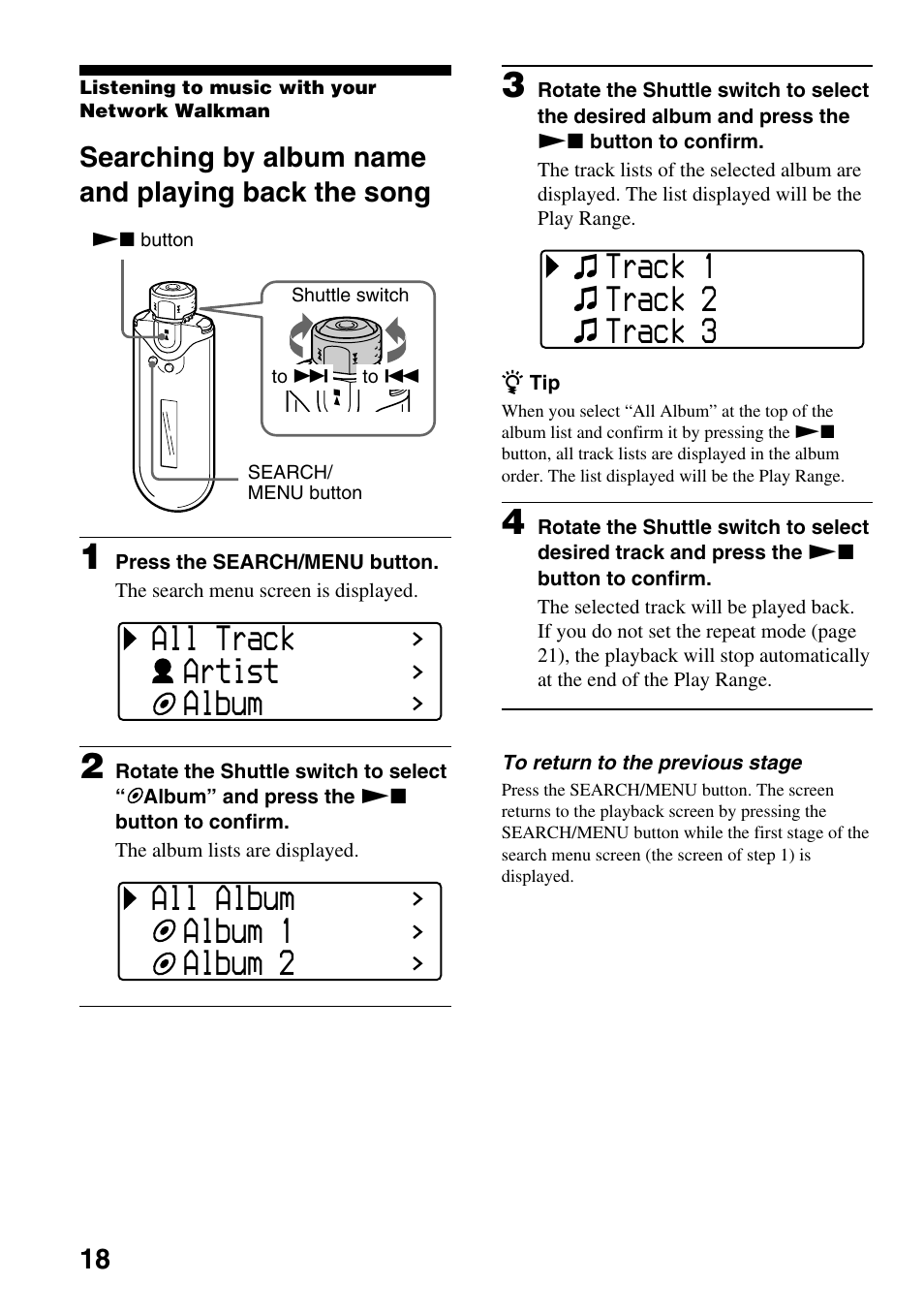 Searching by album name and playing back the song, Searching by album name and, Playing back the song | All track artist album, All album album 1 album 2, Track 1 track 2 track 3 | Sony NW-E407 User Manual | Page 18 / 55