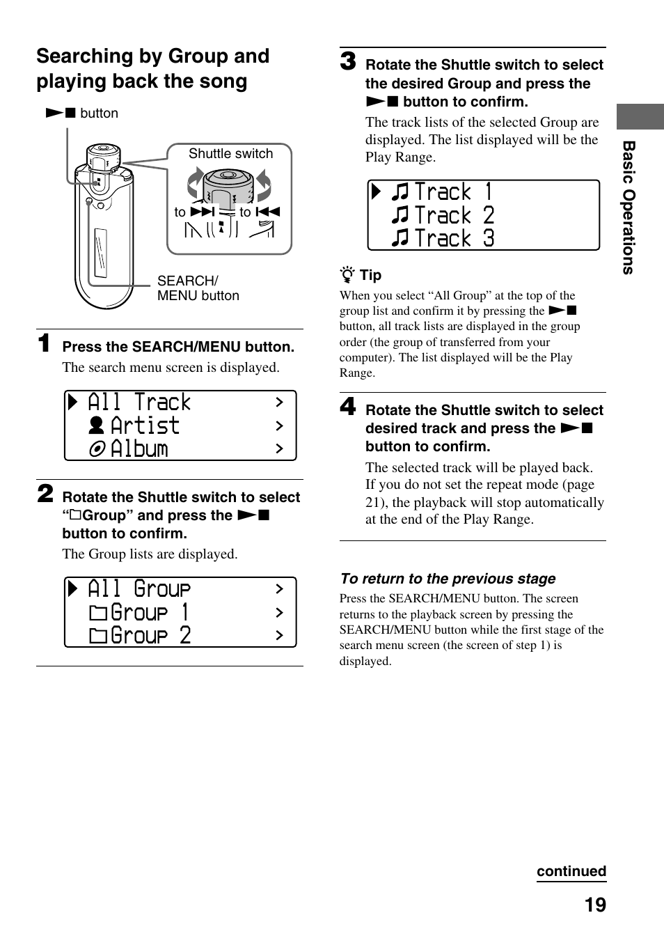 Searching by group and playing back the song, Searching by group and playing back, The song | All track artist album, All group group 1 group 2, Track 1 track 2 track 3 | Sony NW-E407 User Manual | Page 19 / 55